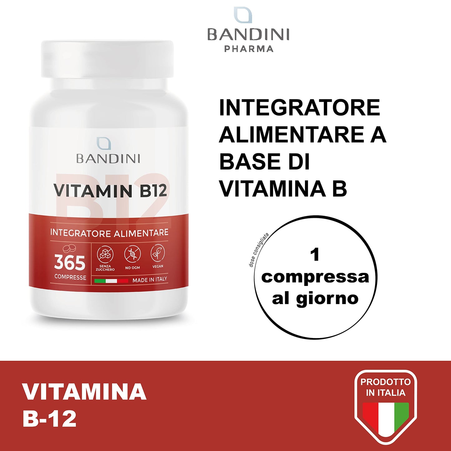 BANDINI Bandini® Vitamin B12 365 Vegan (1 Year Coverage) - Methylcobalamin 1000 µg - 100% Vegan Tablets - VIT B 12 Supplement - Energy Metabolism, Physical and Mental Tiredness