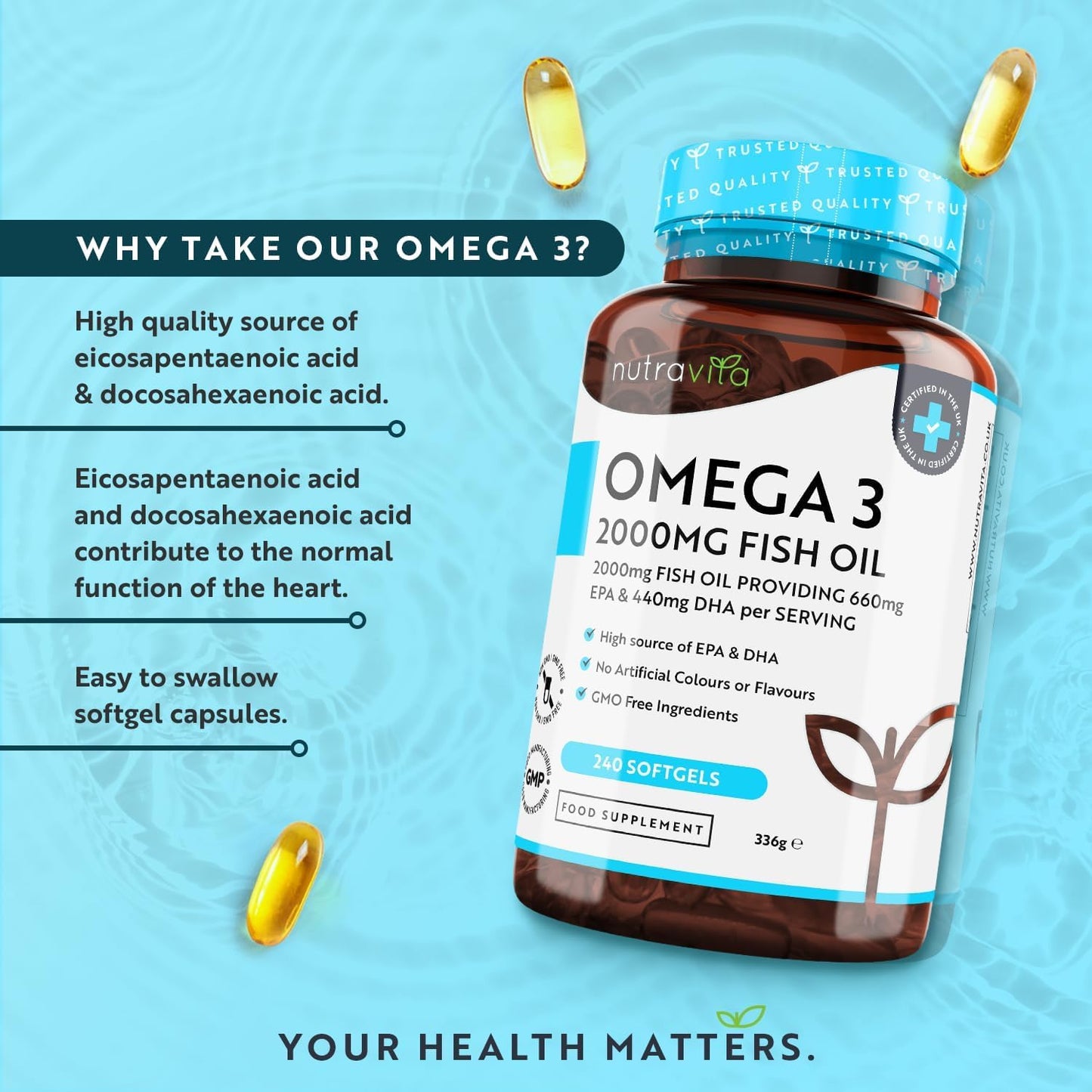 Omega 3 2000mg with 660mg EPA & 440mg DHA per Serving (2 Packs of 240) - 480 Softgel Capsules of Sustainably Sourced Pure Omega 3 Fish Oil - Made in The UK by Nutravita