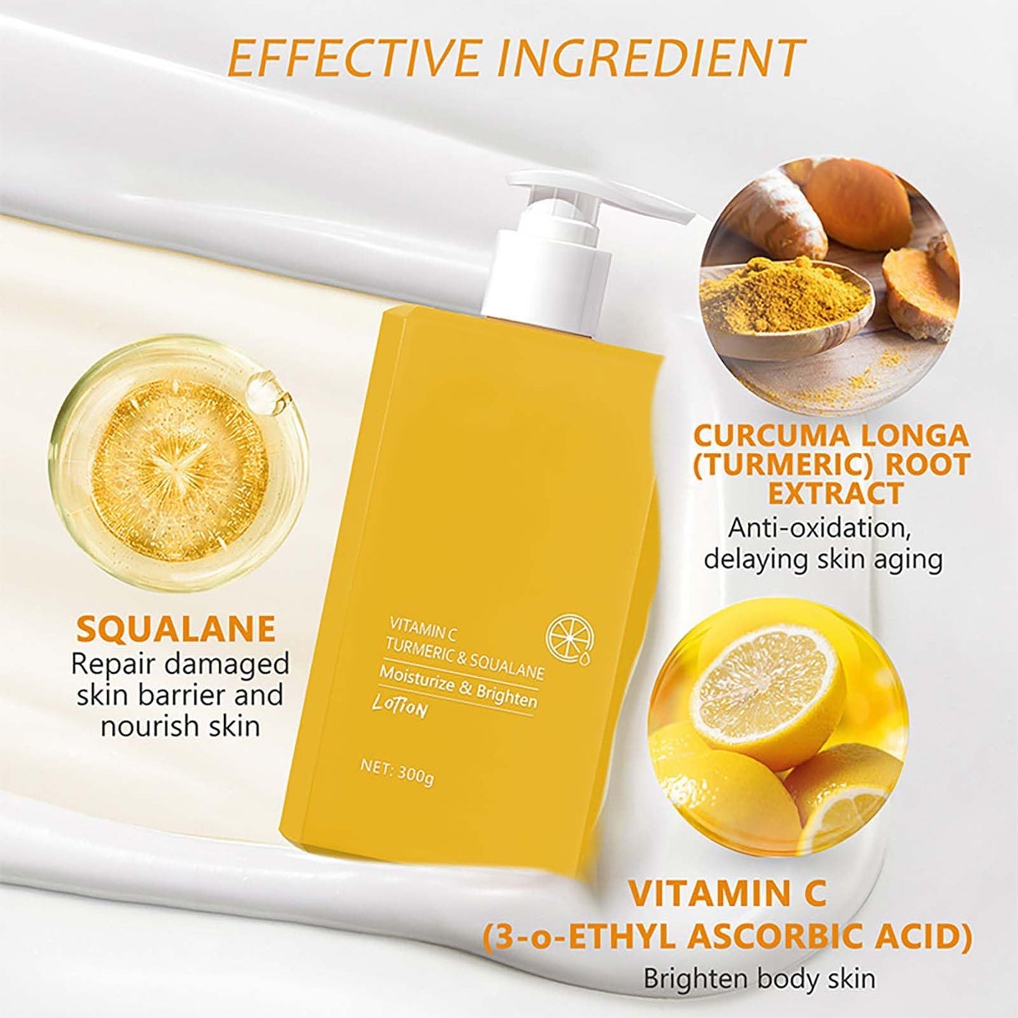 Turmeric & Vitamin C Body Lotion - Large Moisturizer with Squalane, Targets Dark Spots, Hydrates Dry Skin, Improves Skin Tone, All-Day Protection, 300g