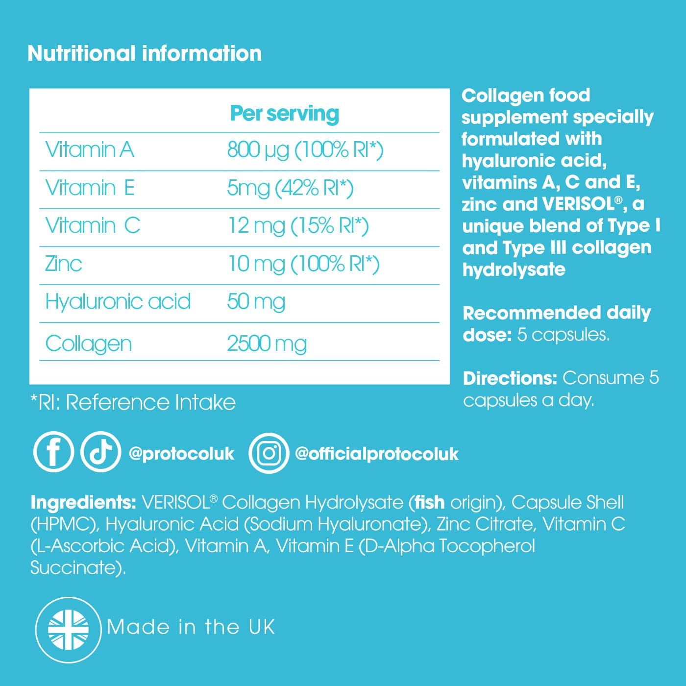 Proto-Col Proto-col Premium 150 Collagen Capsules with Hyaluronic Acid, Vitamin C, UK Made, Premium Sourced, High Absorbtion, Skin Health, Hydration & Anti-Aging Support.