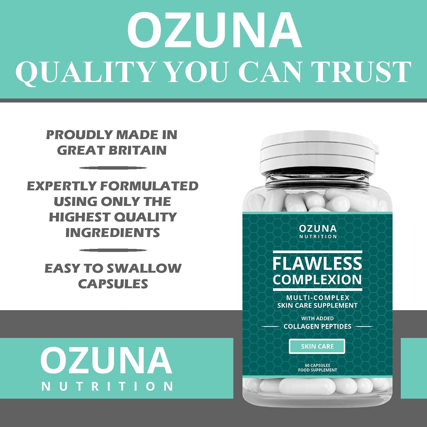 OZUNA NUTRITION Flawless Clear Skin Supplement - Glowing Complexion | Multi-Complex Capsules with Collagen Peptides | for Women & Men | One Month Supply