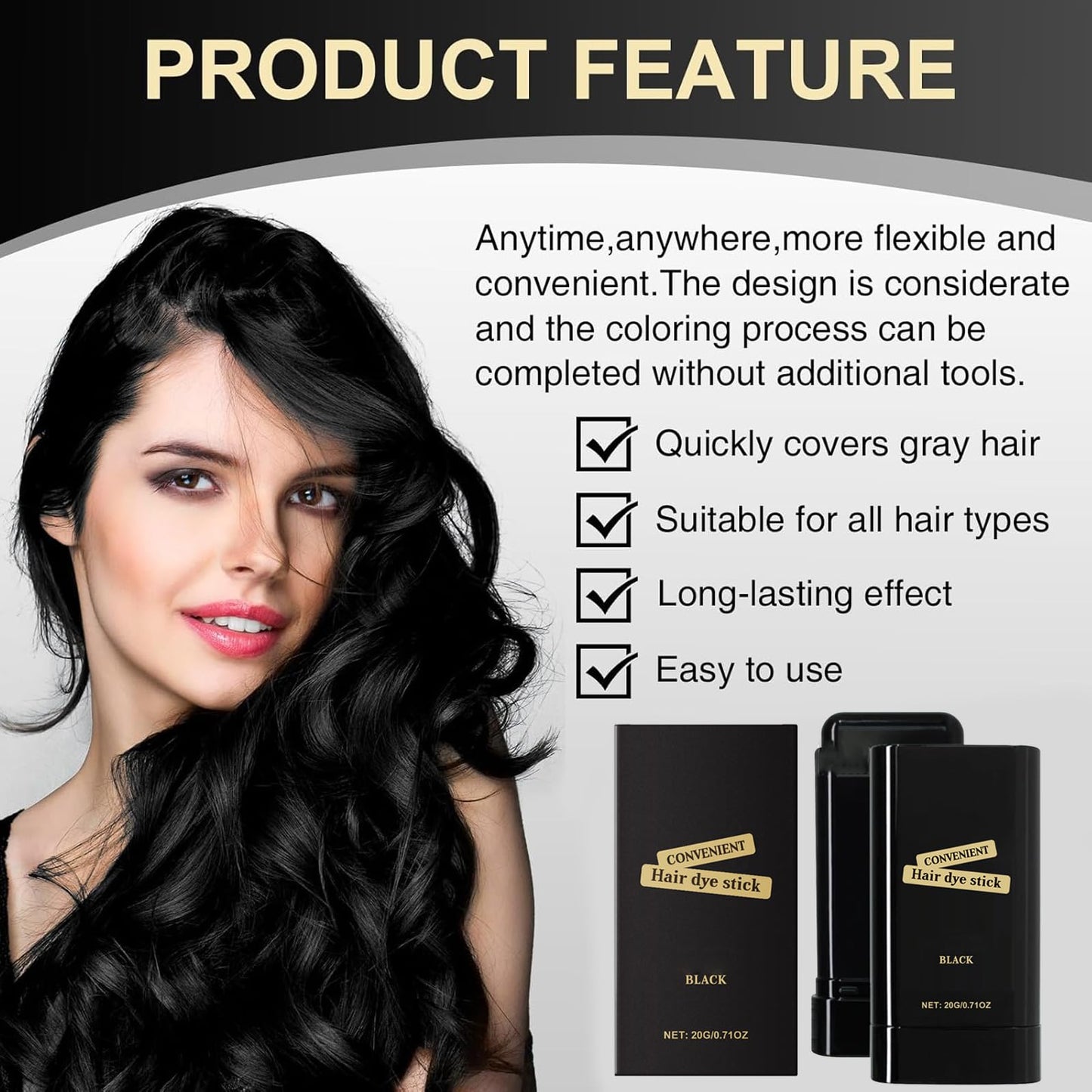 HERBINSOLS Safe and Convenient Comb Hair Dye - Portable Hair Dye Comb for Gray Hair Coverage - Waterproof and Sweat-Proof HairDye Stick - 2 in 1 Instant Hair Colour Stick for Women & Men(Black)