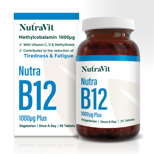 NUTRA B12 Plus - 1000mcg Vitamin B12 Tablets (Methylcobalamin) - 30 Tablets - High Strength Methylcobalamin Vitamin for Tiredness & Fatigue - Vitamin C, D, Folate - Vegetarian - NutraVit