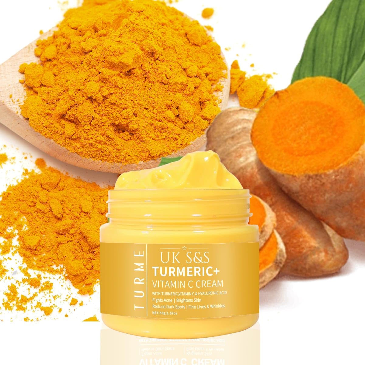 Turmeric & Vitamin C face cream. Anti-aging cream that reduces dark spots and brightens skin. Heals acne and repairs damaged skin. Soften and smoothens skin.