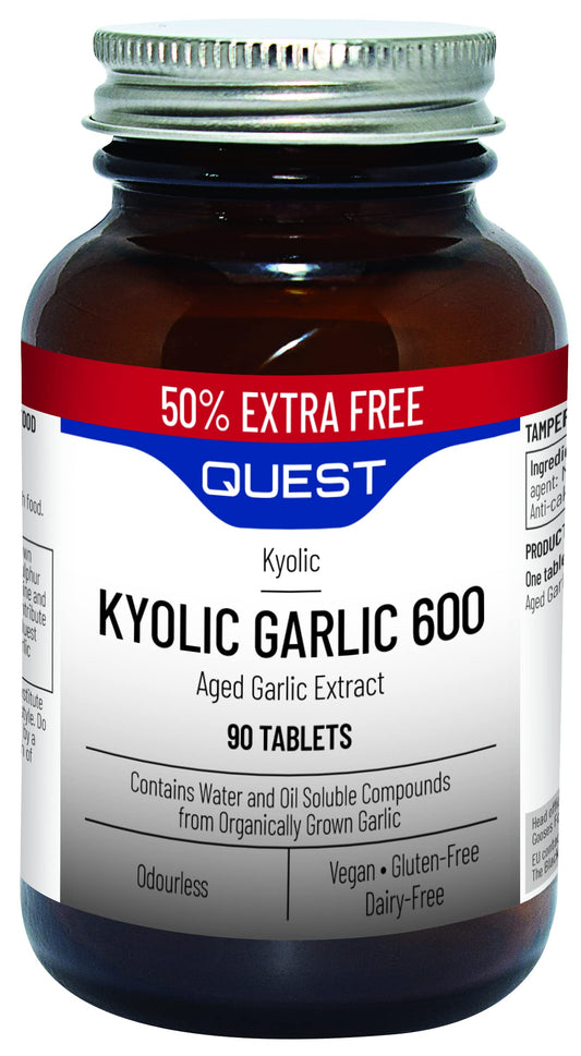 Quest Kyolic Garlic 90 Tablets - 600mg High Strength Odourless Aged Garlic Extract for Heart, Liver & Immune Function. Daily Garlic Supplement, Improve Circulation, Liver Detox & Immunity (Pack of 1)