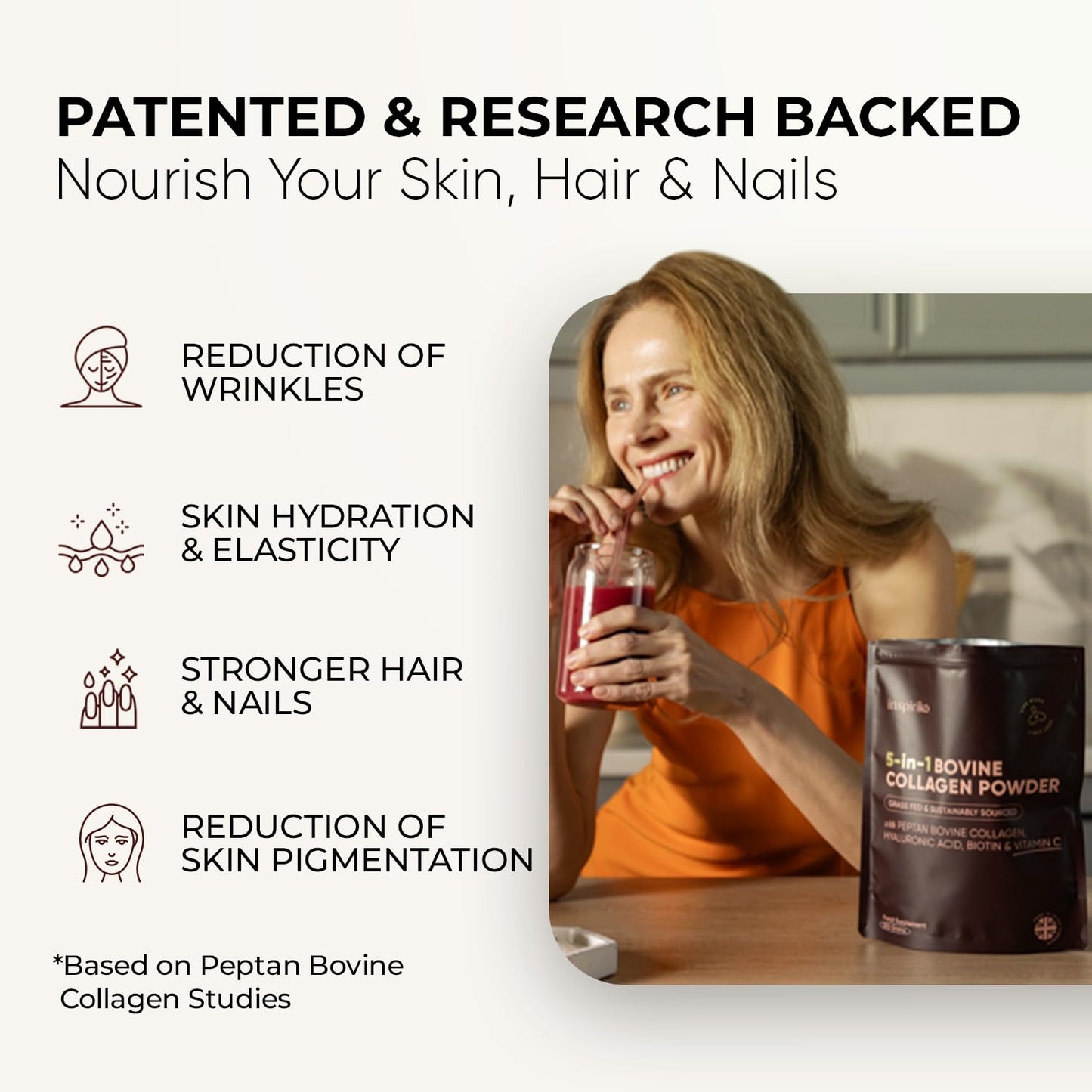 Inspiriko Bovine Collagen Powder for Women. Award Winning, 50 Servings, Hydrolyzed Collagen Supplements for Women with Hyaluronic Acid, Biotin & Vitamin C. EU Grass-Fed, Unflavoured 510g