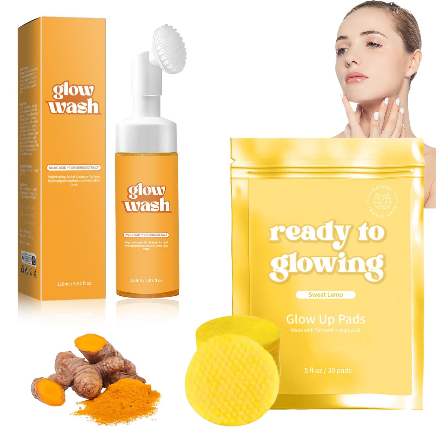 GMHLLES Turmeric Face Wash 150ml Turmeric Facial Cleanser Deep Cleansing Foaming With Mask*30 Improves Skin Tone Suitable for Men and Women Facial Care
