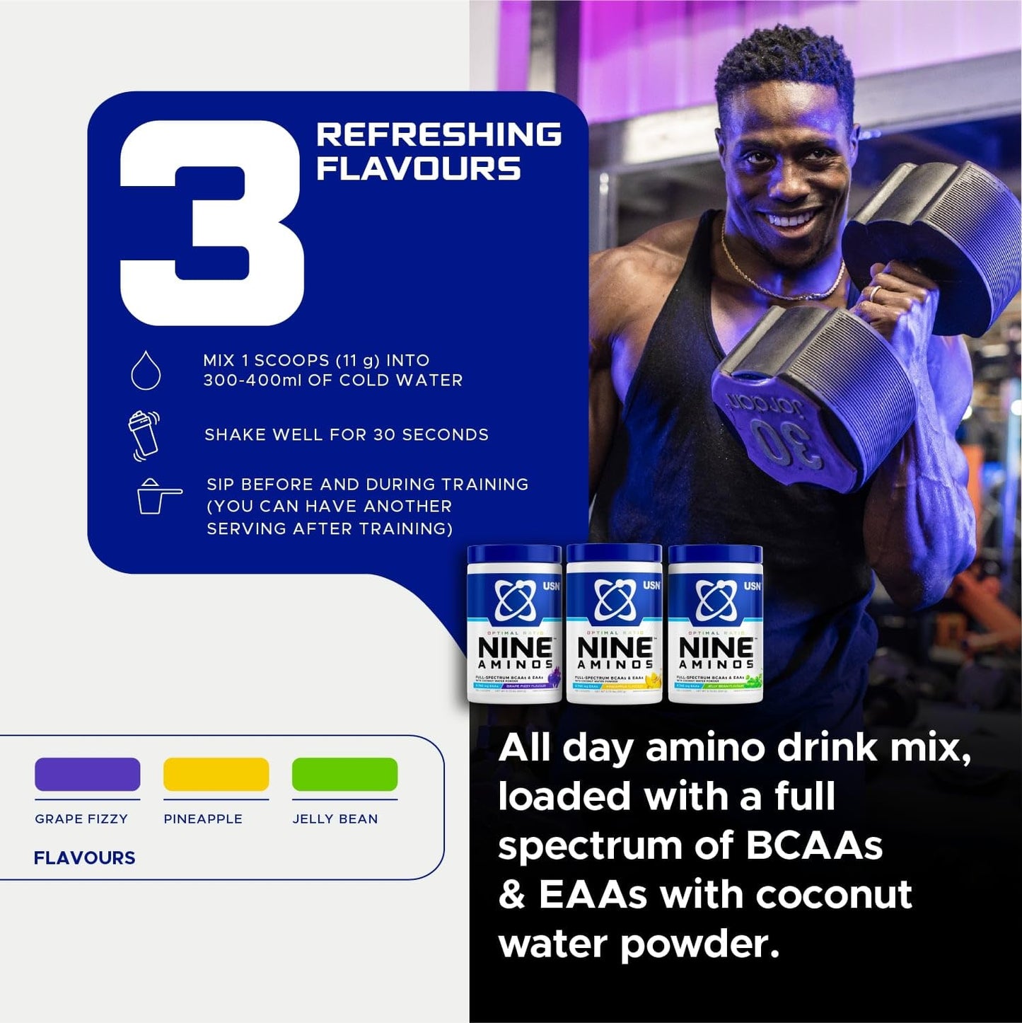 USN Nine Aminos – BCAA Amino Acids & EAA Essential Amino Acids Powder with Added Magnesium & Coconut Water Powder to Support Recovery and Hydration. Pineapple Flavour (330g – 30 Servings)