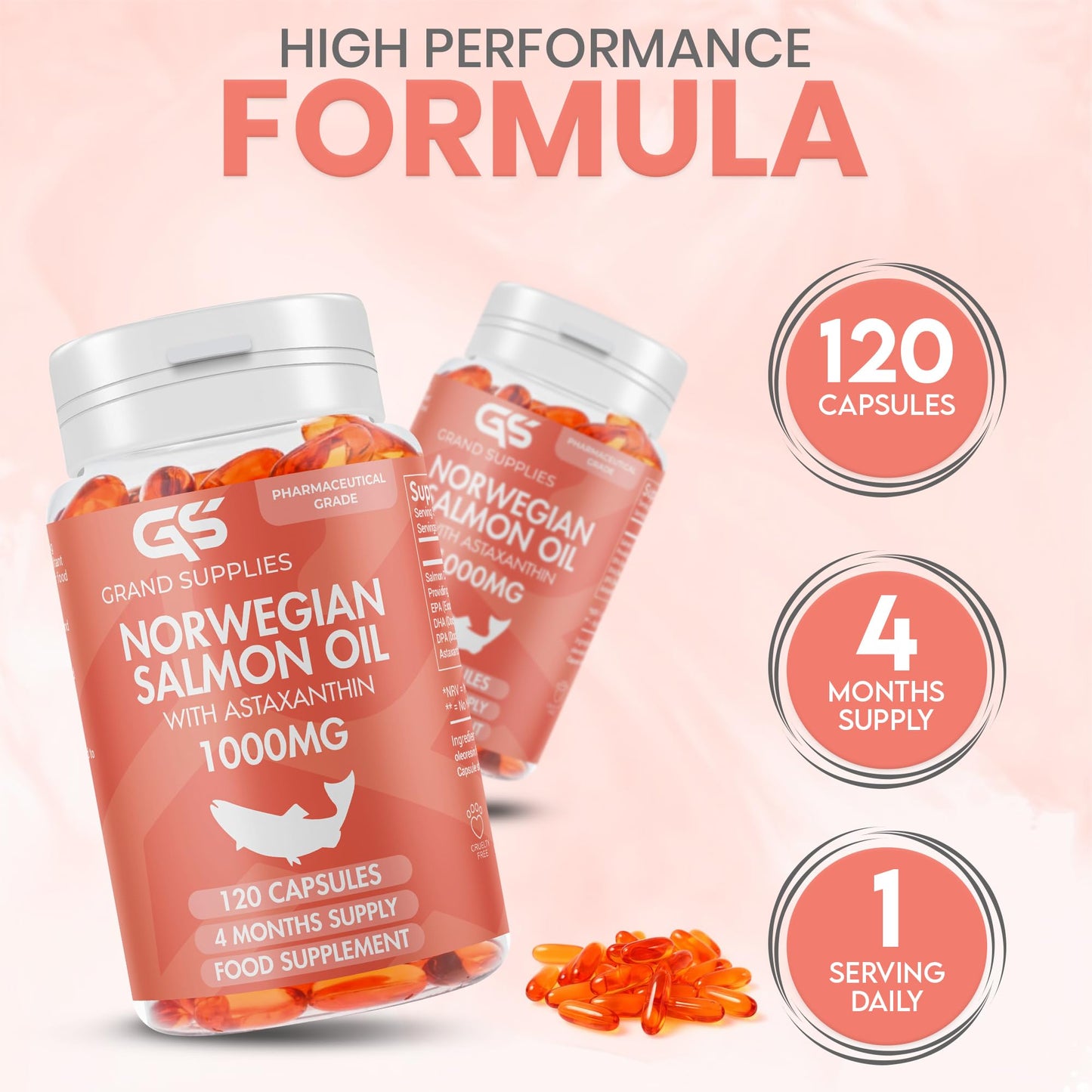 Norwegian Salmon Oil with Astaxanthin 1000mg - 4 Months / 120 Days Supply - Omega 3 6 9 Capsules High Strength - Rich in EPA, DHA & DPA, Burpless Taste