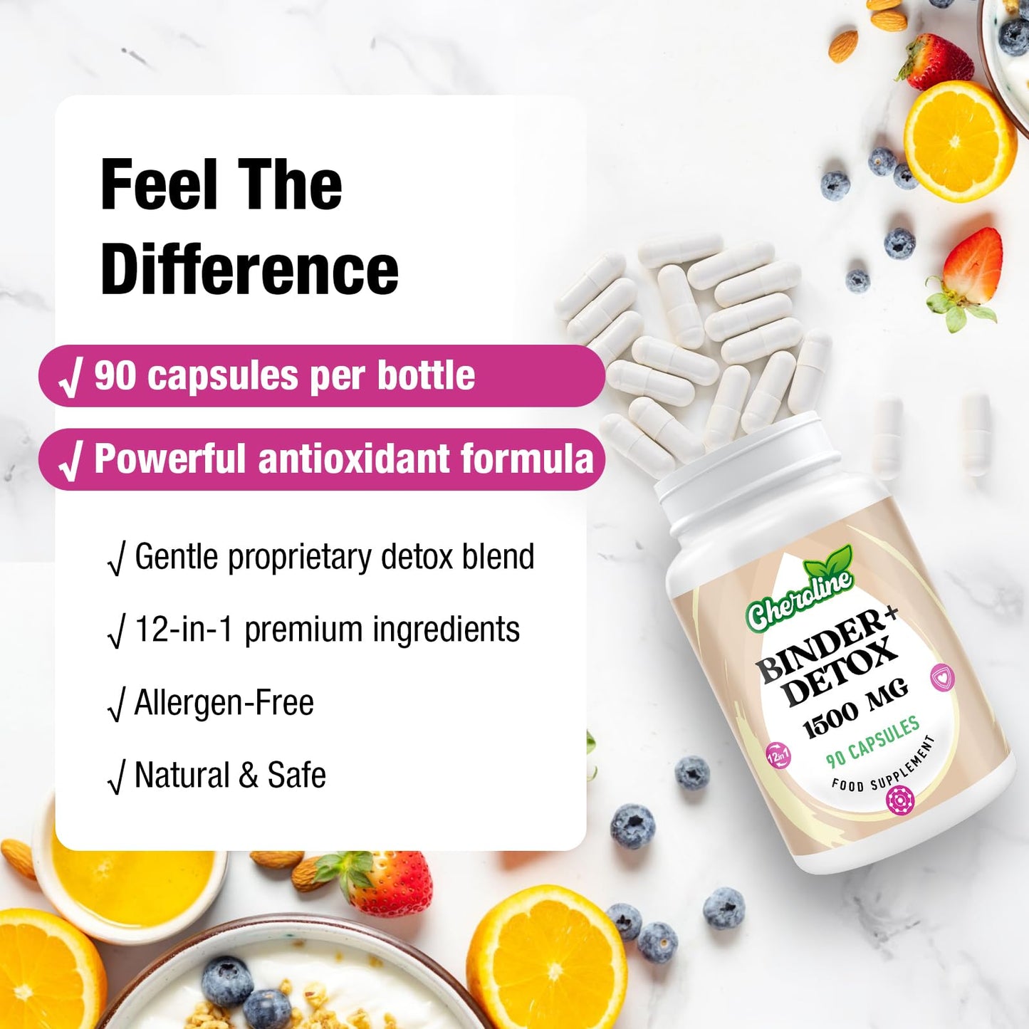 Cheroline Binder Detox & Gut Cleanse Capsules 1500mg, Activated Charcoal Complex with Probiotics, Chlorella & Turmeric, Liver & Digestive Support, Vegan & Natural (90 Count (Pack of 1))