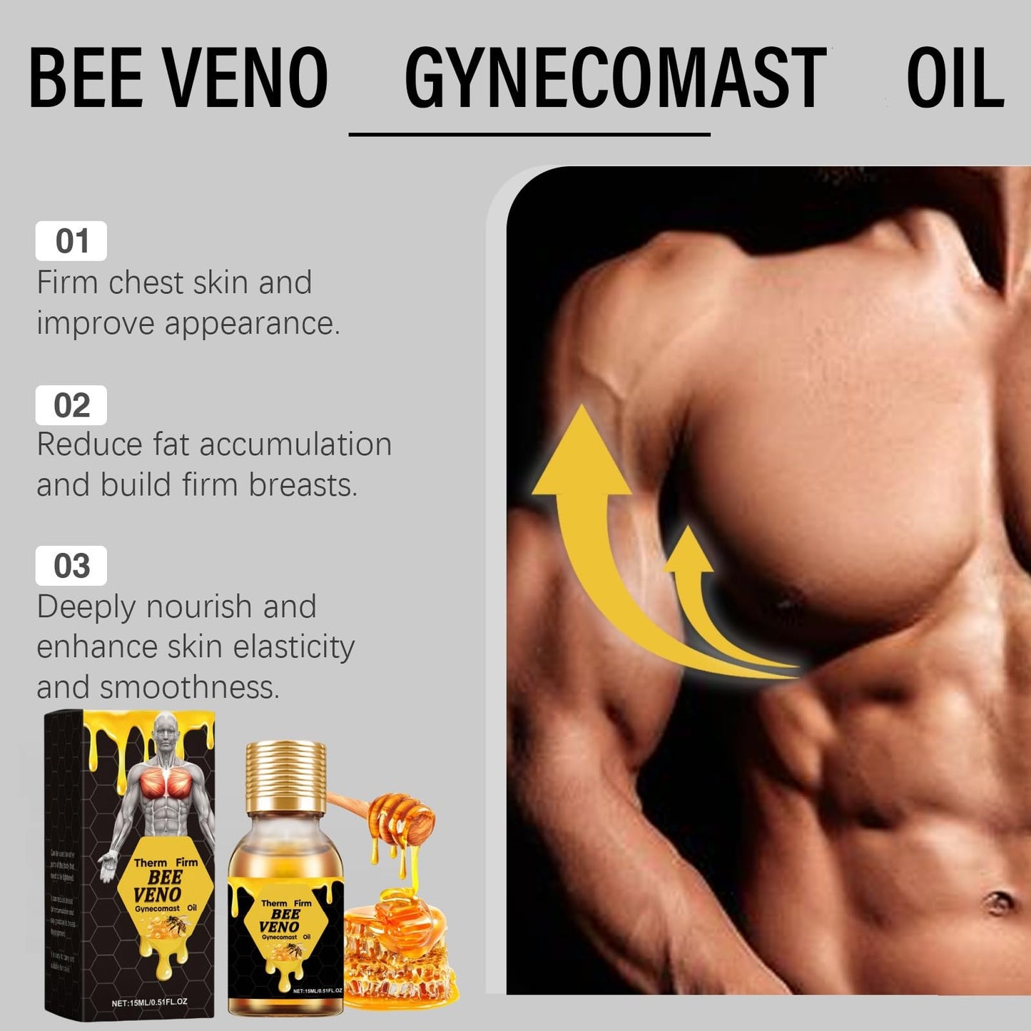 SingHao Therm/ofirm Be/e Ven/om Gyneco/mastia Oil,Gynecom/astia Tightening O/il for Men,Be/e Ven/om Gynecoma/stia Heating Oi/l,Chest Muscle Oil for Men,C/Hest Massage Oil,Strengthening Chest Muscles for Men