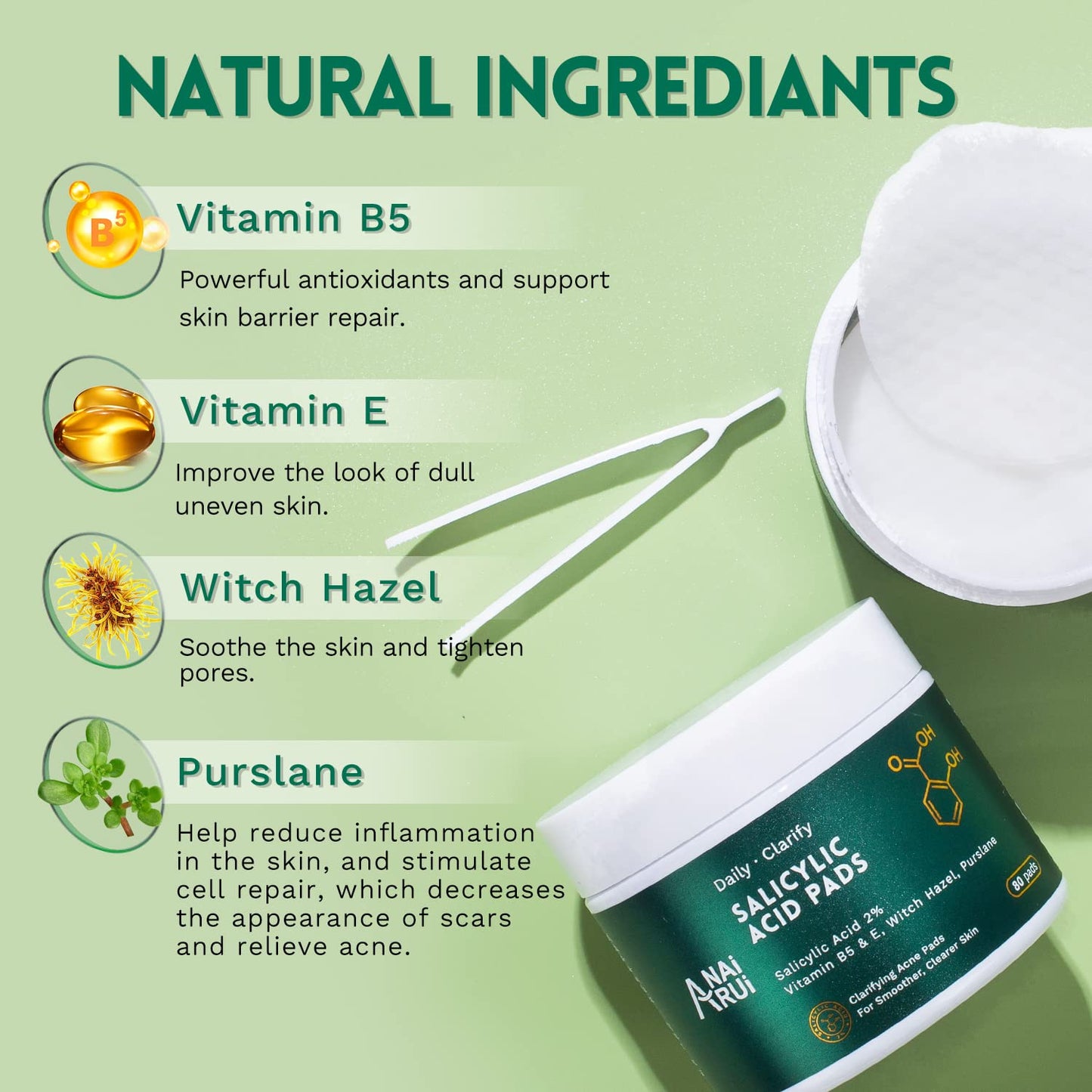 ANAiRUi Salicylic Acid Pads, Exfoliating Face Pads with Witch Hazel, Vitamins B5 & E, Resurfacing Facial Pads for Cleansing Breakouts & Blackheads, Acne & Blemishes, 80 Pads