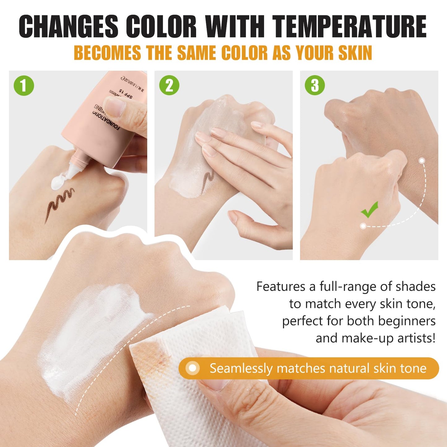 leyosger TLM Color Changing Foundation, Face Cover Concealer Cream, Warm Skin Tone Foundation, Moisturizing Liquid Foundation Makeup Base, Waterproof Poreless Foundation SPF15, Pack of 1 (B, 30ML)