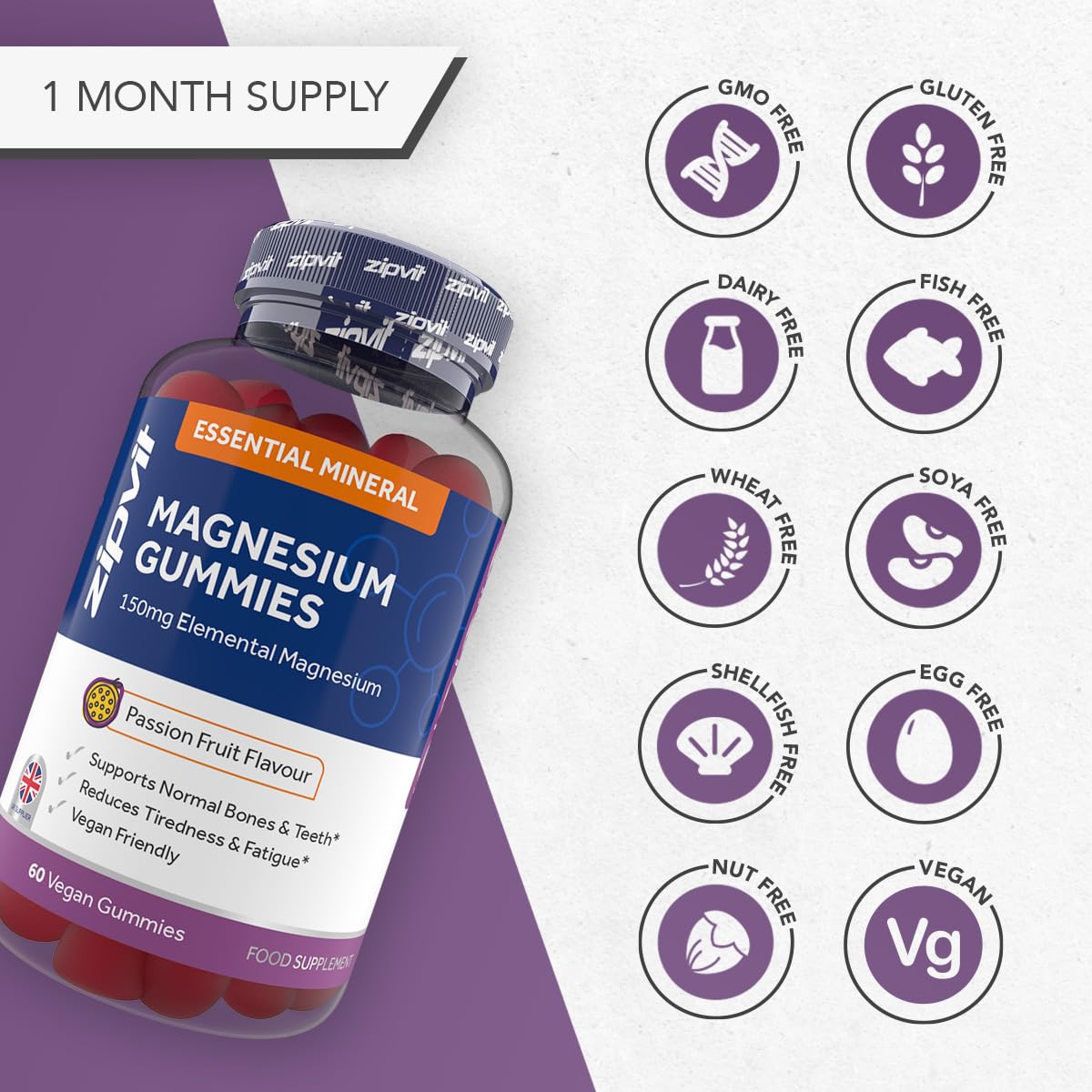 Magnesium Citrate Gummy, 150mg Elemental Magnesium, Supports Bones and Teeth, Reduces Tiredness and Fatigue, 60 Vegan Gummies, Passionfruit Flavour, UK Supplier