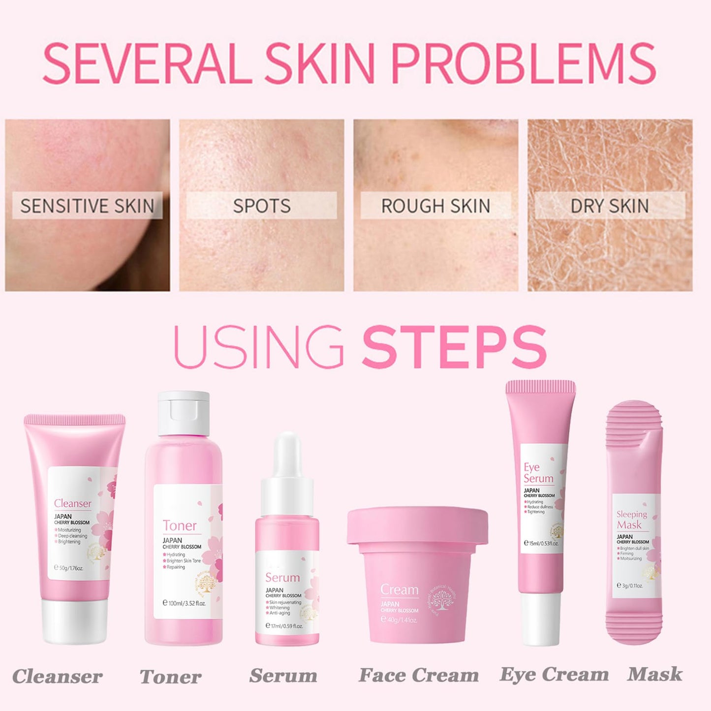 Skincare Gifts Set For Teenage Girls,Cherry Blossom Skincare Sets,Facial Kit,Pamper Sets For Women Gifts,Skin Care Sets & Kits - Cleanser, Face Serum, Face Cream,Toner,Eye Cream,Mask (SetA)