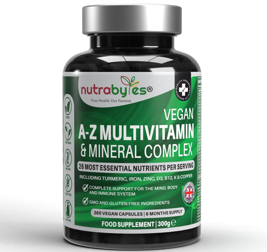 Nutrabytes Vegan Multivitamin and Mineral Complex, 360 Vegan Multivitamin Capsules for Women and Men, 26 Essential Vitamins and Minerals, Natural, 100% Plant Based, Made in UK