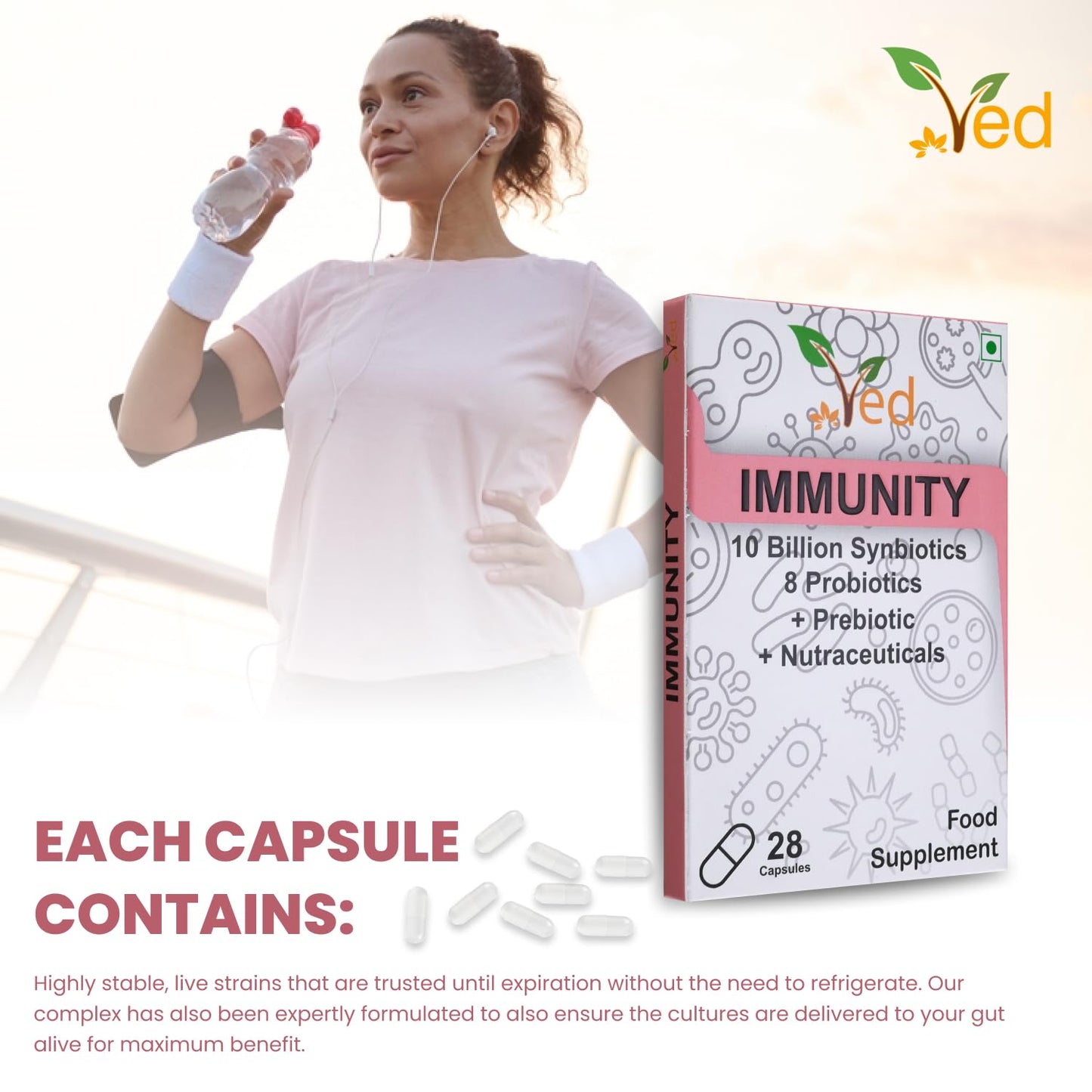 VED Immunity Complex Probiotics and Prebiotics Complex - 10 Billion CFU - 20 Live Bacterial Cultures - 28 Probiotic Complex Capsules for femaie & Male - Lactobacillus Plantarum 28 days Supply.