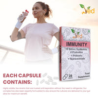 VED Immunity Complex Probiotics and Prebiotics Complex - 10 Billion CFU - 20 Live Bacterial Cultures - 28 Probiotic Complex Capsules for femaie & Male - Lactobacillus Plantarum 28 days Supply.