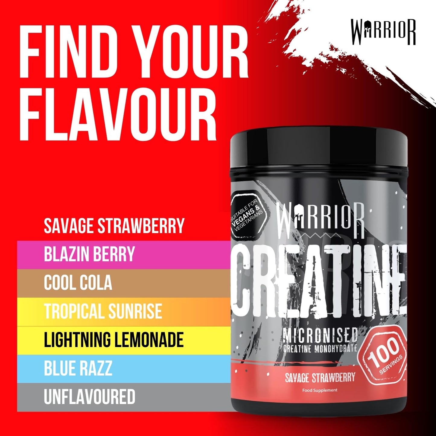 Warrior Creatine Monohydrate Powder 500g – Micronised for Easy Mixing and Consumption – Proven to Improve Physical Performance/Recovery, 5g Servings (Savage Strawberry)