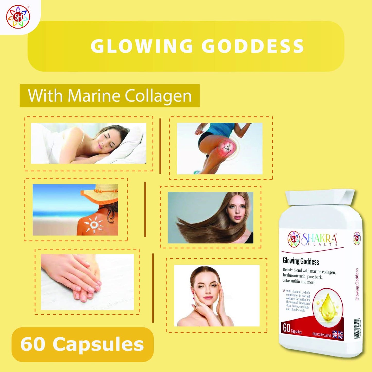 Glowing Goddess 60 Ultimate Marine Collagen Complex Capsules for Bones, Cartilage, Hair, Skin Pigmentation, Ageing, Beauty & UV Protection