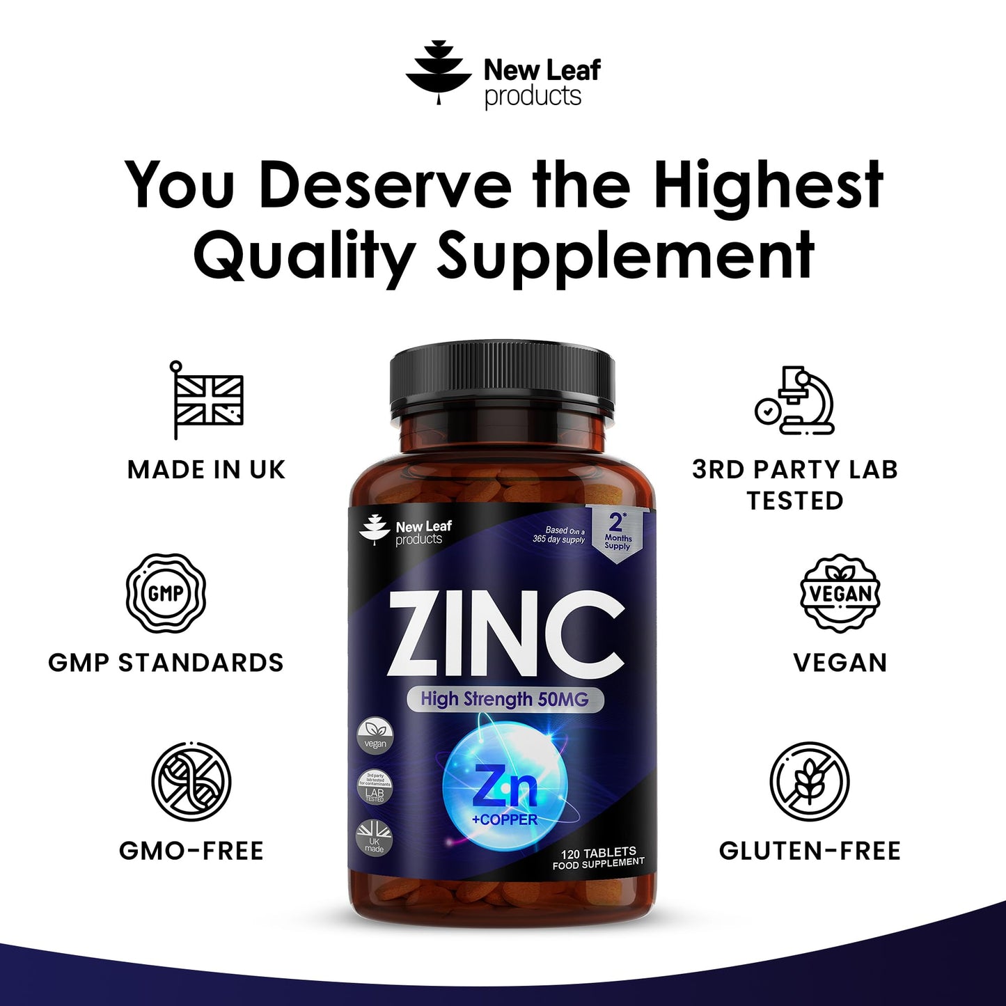 Zinc 50mg High Strength - Zinc Tablets with Copper, Pure Zinc Supplements Contributes Towards The Immune System, Bone Health and Fertility, Vegan, Non-GMO, Made in UK by New Leaf 120 Tablets