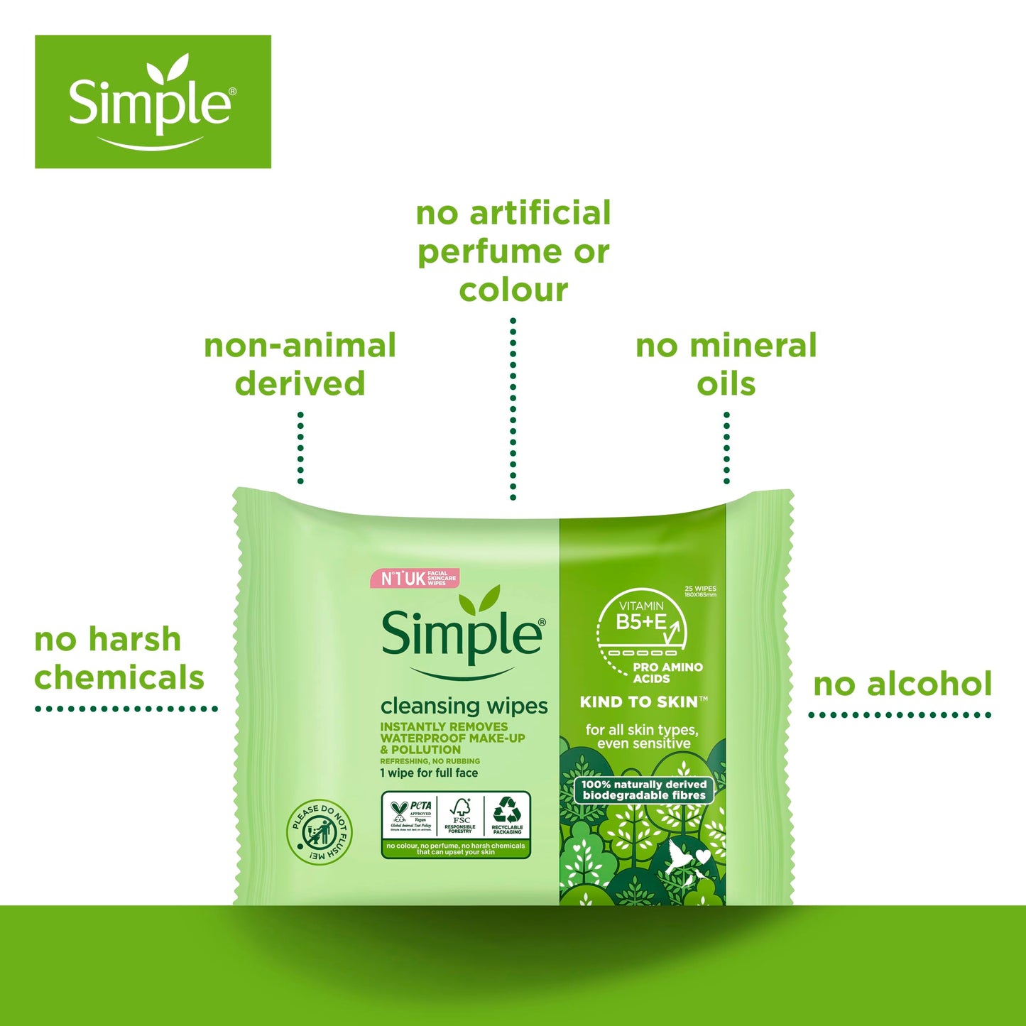 Simple Kind to Skin Bio-degradable Cleansing Wipes face wipes to remove waterproof eye make-up for sensitive skin 25 pc