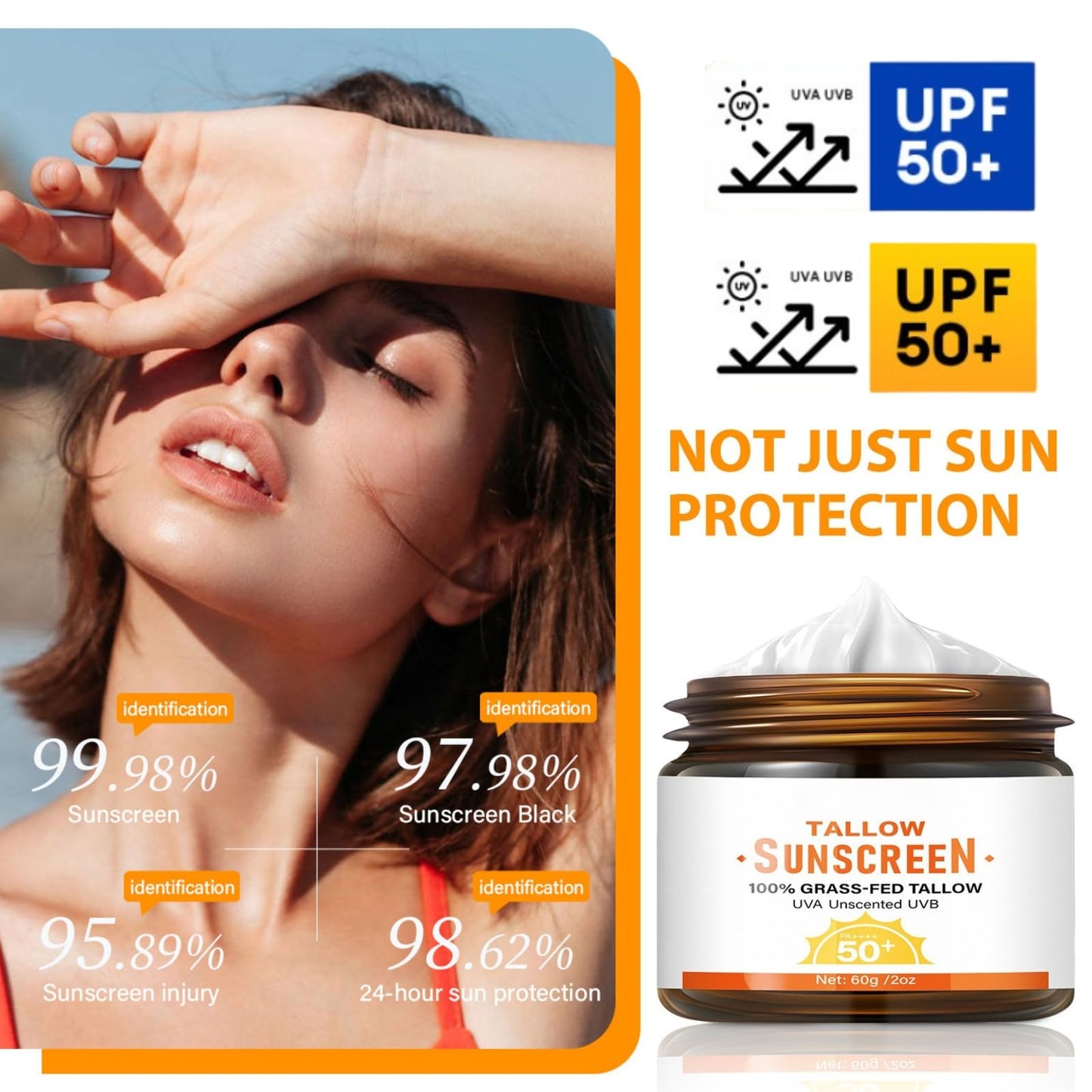 Organic Tallow Sunscreen - SPF 50 Natural Sunscreen - 100% Grass Fed Tallow Mineral Sunscreens - Beef Tallo_w Sunblock Factor 50 for Face & Body - Face Moisturizer for UV Protection