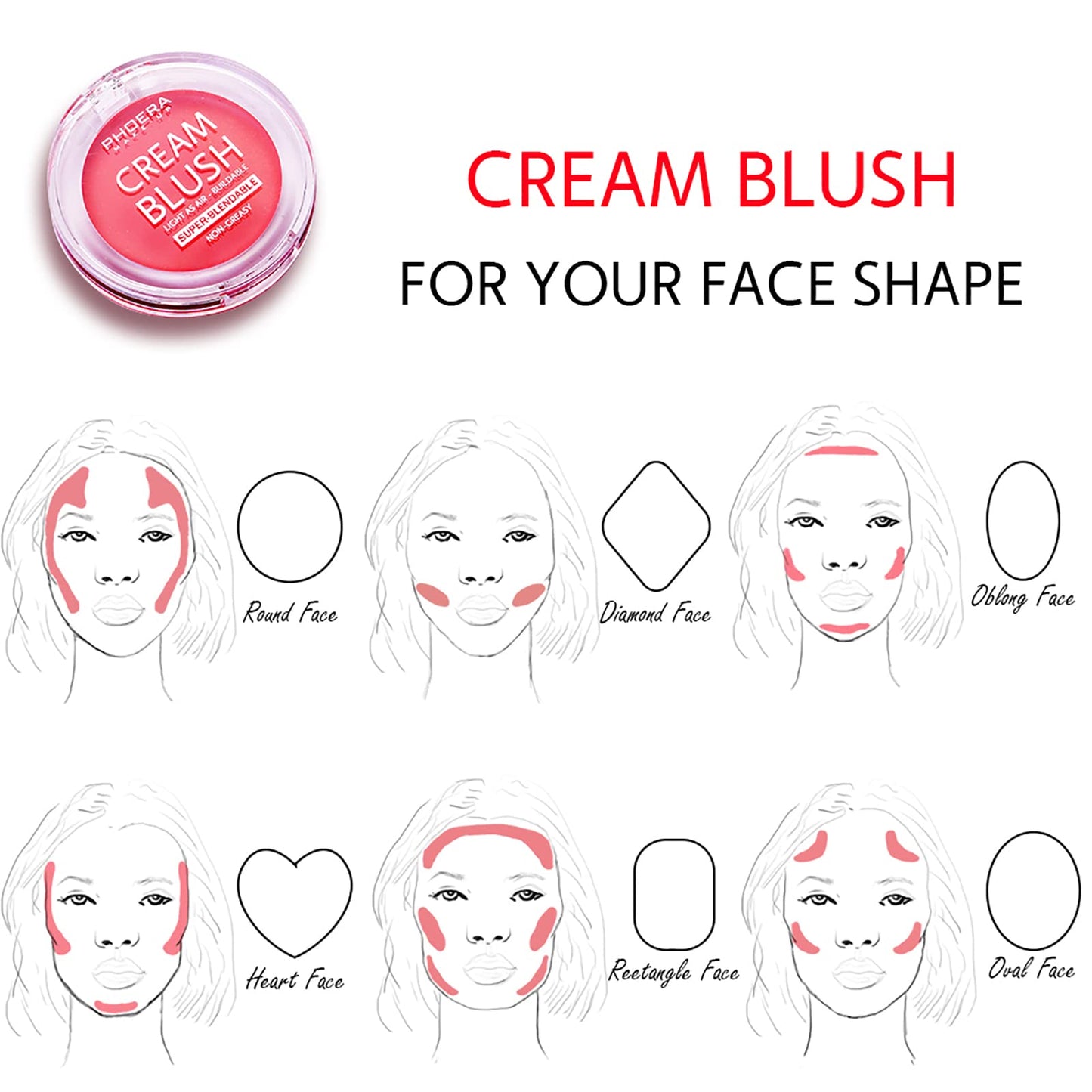 PHOERA Face Cheek Blush Cream Anglicolor Perfect Makeup Cream Blush Cheekcolor, Long-Wear, Matte, Bold, Lightweight, Blends Easily, Contours Cheeks (101#Freesia)