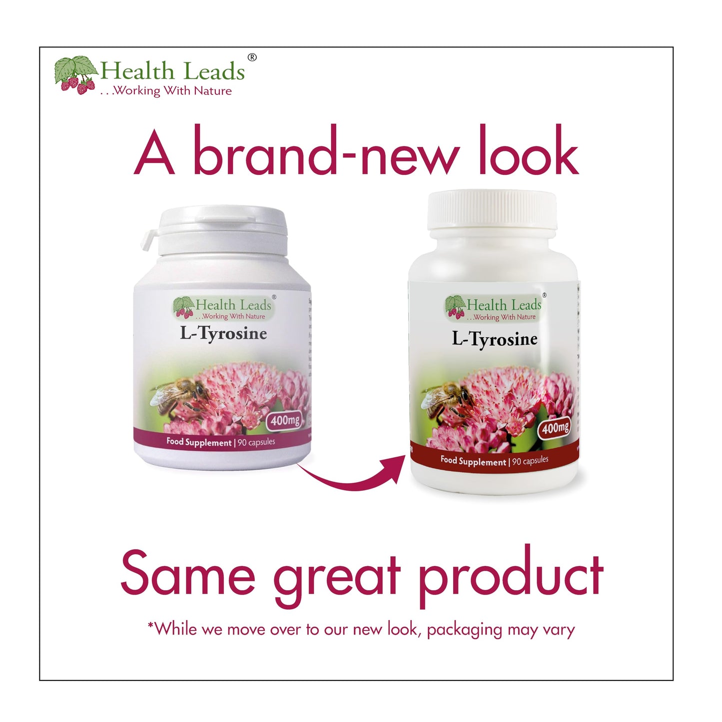 Health Leads ...Working With Nature L-Tyrosine (Extra Strength) 400mg x 90 Capsules, for Mental Alertness, Focus, Stress & Sleep, Free Form Amino Acid Supplement, Non-GMO, Vegan, Magnesium Stearate Free & No Nasties, Made in Wales