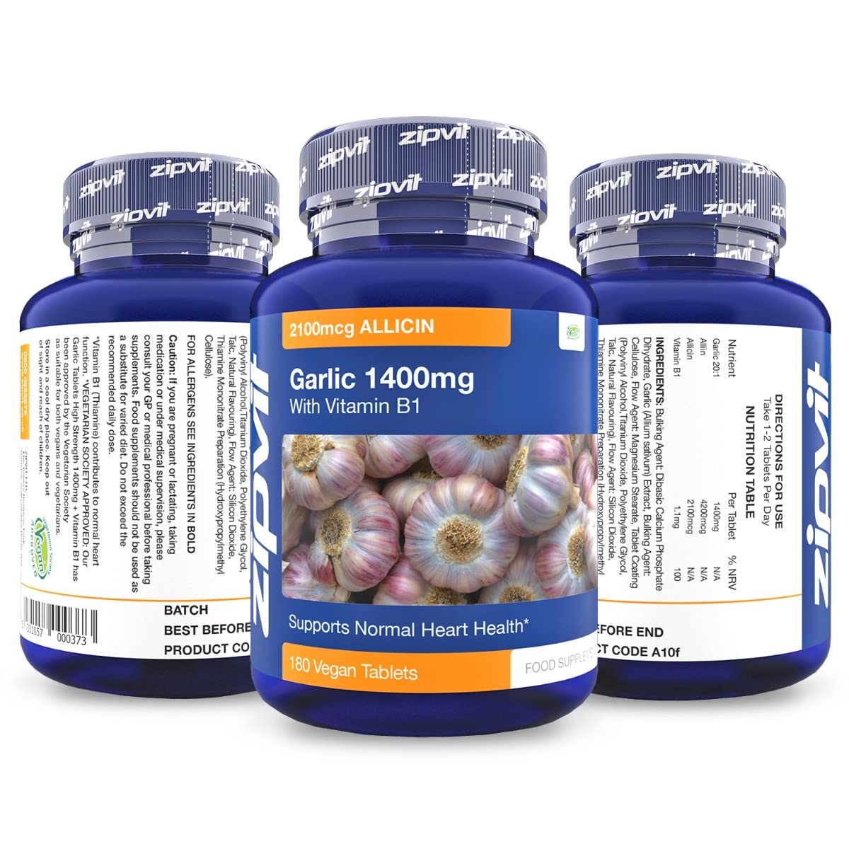 Garlic Tablets 1400mg, 2100mcg Allicin per Tablet with Added Vitamin B1. Supports Heart Health. 180 Vegan Tablets. 6 Months Supply.
