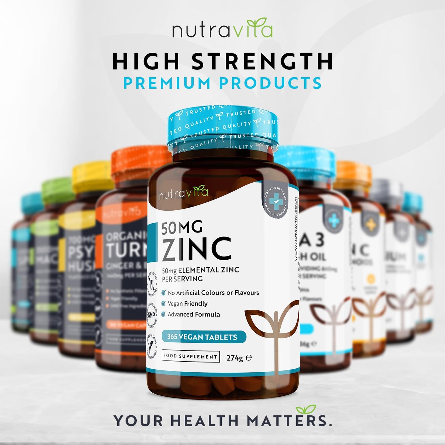 Zinc Tablets 50mg – 365 Vegan Tablets for 6 Months Supply – Zinc Supplement High Strength for Maintenance of Normal Immune System, Bones, Hair, Skin & Nails – Made in The UK by Nutravita