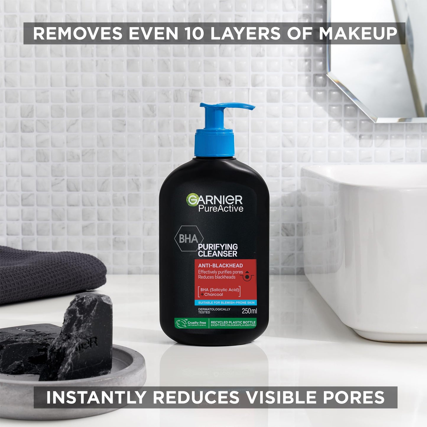 Garnier Pure Active BHA (Salicylic Acid) + Charcoal Daily Face Cleanser – Up to 24h Mattifying & Cleansing Gel For Blemish Prone Skin, Anti-blackhead – Vegan*, Leaping Bunny Approved