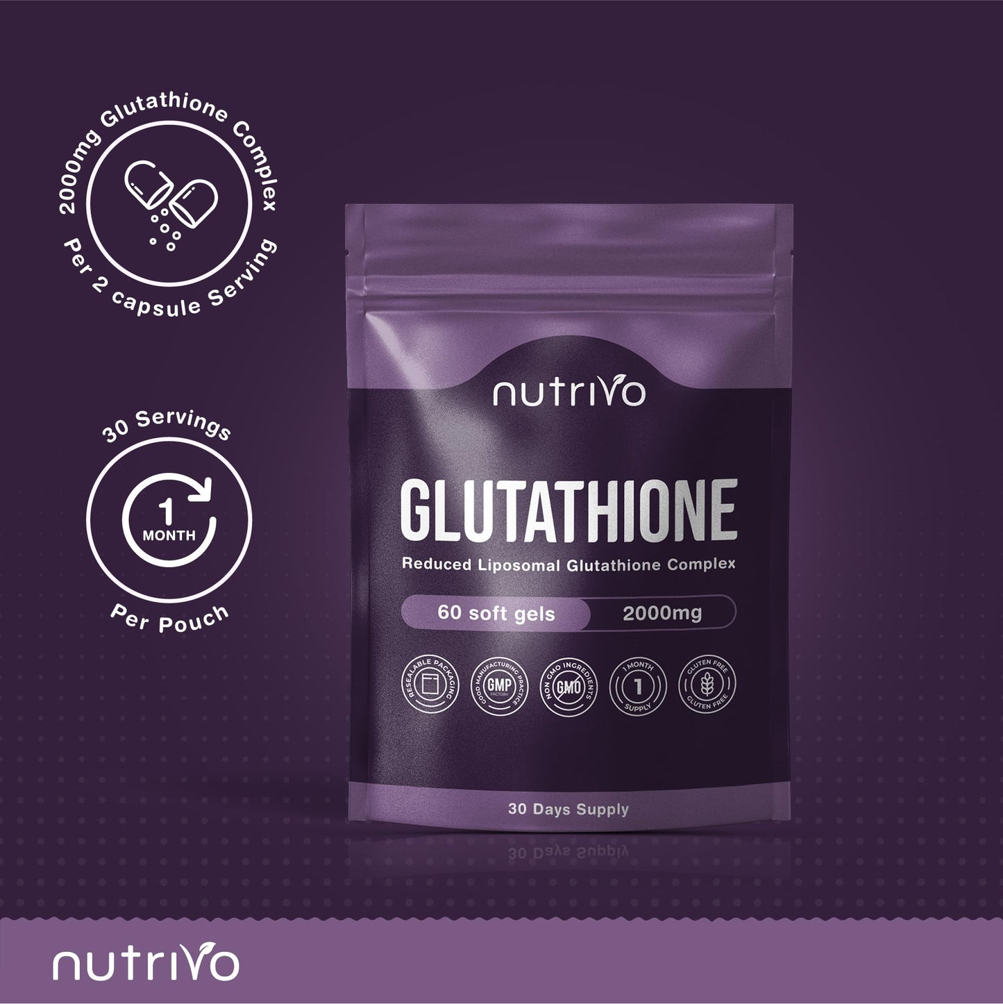 Nutrivo Liposomal Glutathione Supplement - 2000mg Complex Per Serving With Vitamin C, Collagen, Hyaluronic Acid & Phosphatidyl Choline | 60 Softgels - 1 Month Supply | Non-GMO & Third-Party Tested