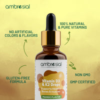 AMBROSIAL Ambrosial Vitamin D3 K2 Drops Liquid Supplement for Adults & Kids | Mango Flavor High Strength Vitamin D Liquid 500 IU & Vitamin K2 50 mcg PER Drop (Pack of 1-30 ml)