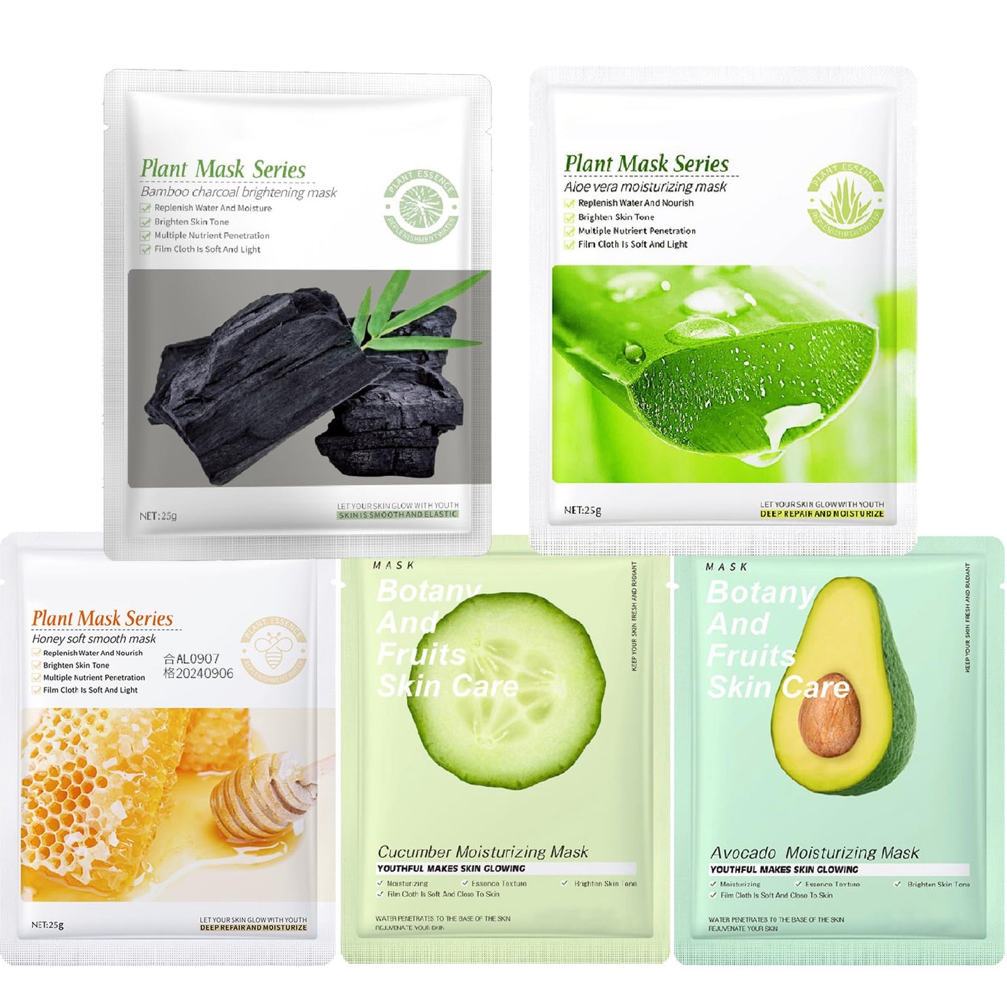 YUYUE-YY 5 Pcs Face Mask Set, Face Masks Skincare with Natural Fruit & Herbal Serum, Included Aloe Vera, Honey, Bamboo Charcoal, Avocado, and Cucumber, Hydrate, Brighten, Moisturize,Soothe for All Skin Types