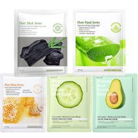 YUYUE-YY 5 Pcs Face Mask Set, Face Masks Skincare with Natural Fruit & Herbal Serum, Included Aloe Vera, Honey, Bamboo Charcoal, Avocado, and Cucumber, Hydrate, Brighten, Moisturize,Soothe for All Skin Types