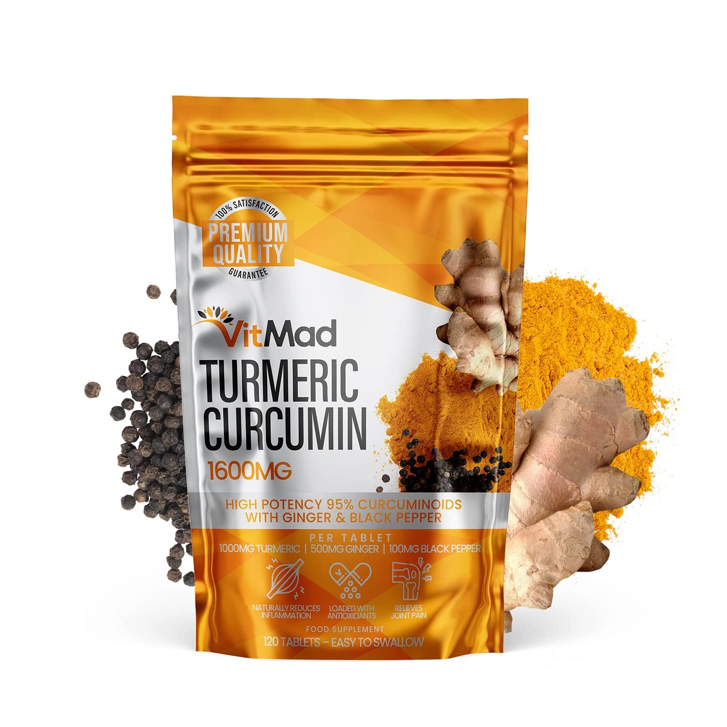 Vitmad Turmeric Curcumin Ginger Black Pepper 120 Tablets 95% Curcuminoids - Naturally Reduces Inflammation