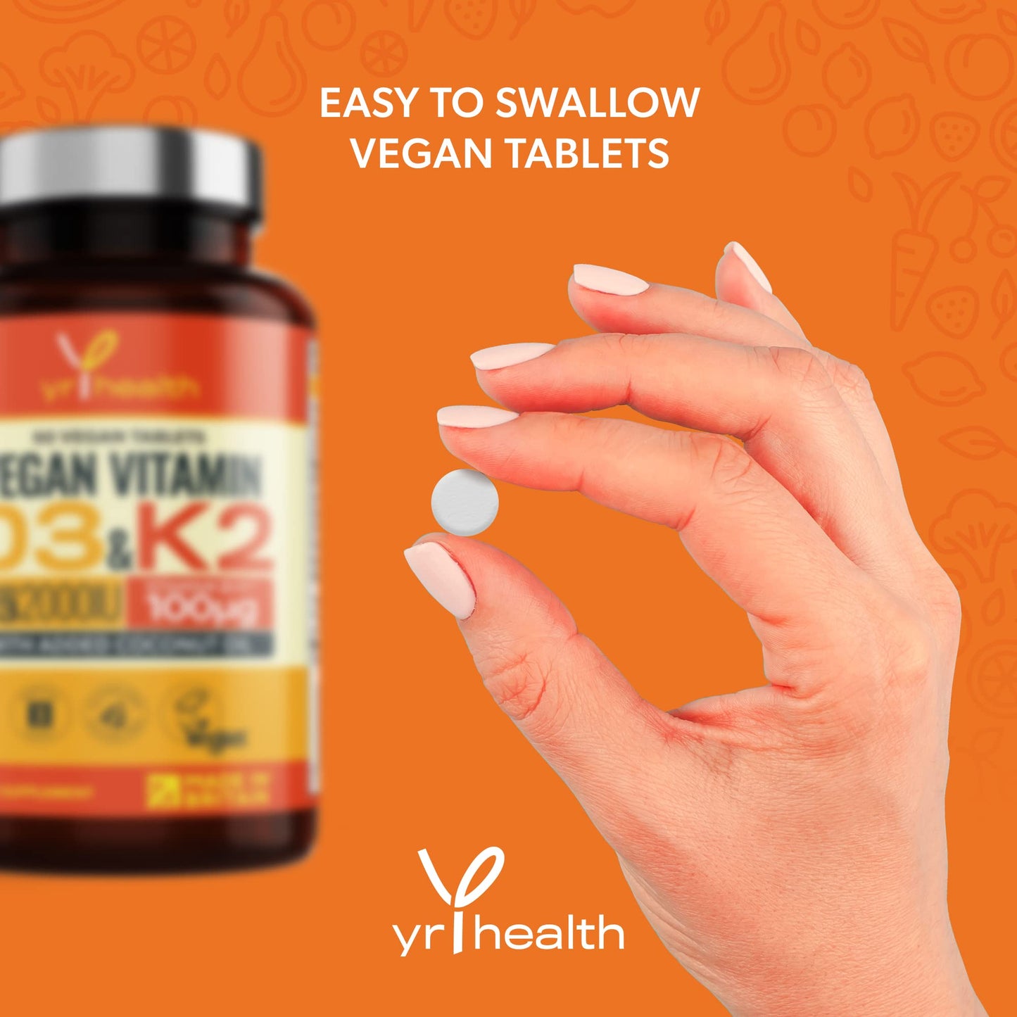 yrhealth Vegan Vitamin D3 K2 Tablets High Strength & Coconut Oil for Absorbtion - Vitamin D 2000iu & Vitamin K2 Mk7 100mcg Plant Based Supplement for Immune System, Bones, Blood Calcium Levels, Made in The UK
