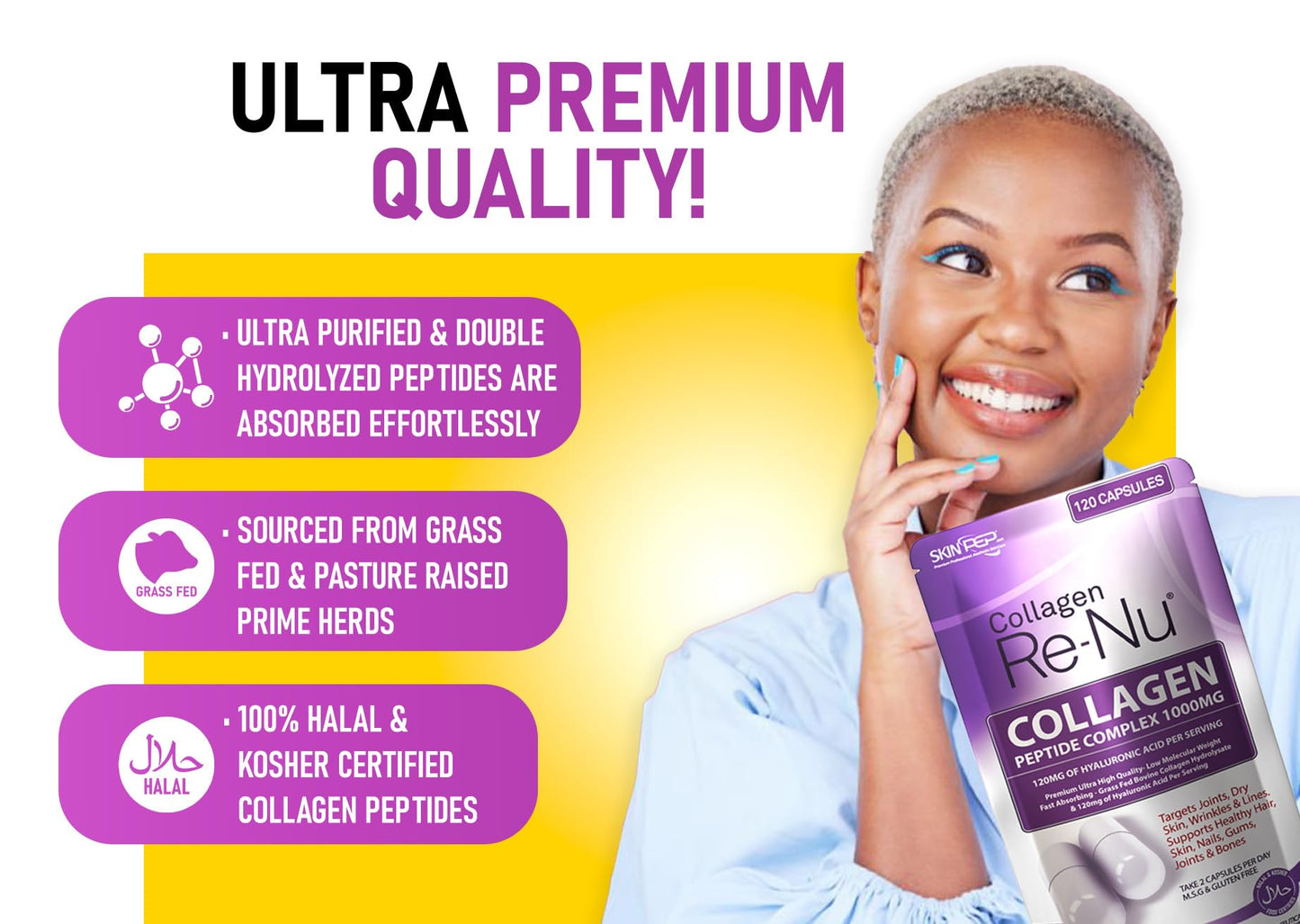 Collagen Peptide 180 Capsules 1000mg, with Hyaluronic Acid (Not Collagen Powder) - 1 Month Supply - Premium Halal Double Hydrolysed Type 1&3 Collagen Supplements for Women & Men - by SkinPep