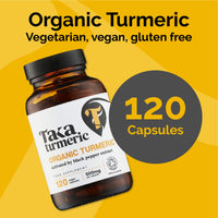 Taka Turmeric, 120 Caps Organic Turmeric with Black Pepper Extract Tumeric Curcumin Supplement, High Strength Tumeric Capsules with Curcumin and Black Pepper, Vegan, Recyclable Packaging