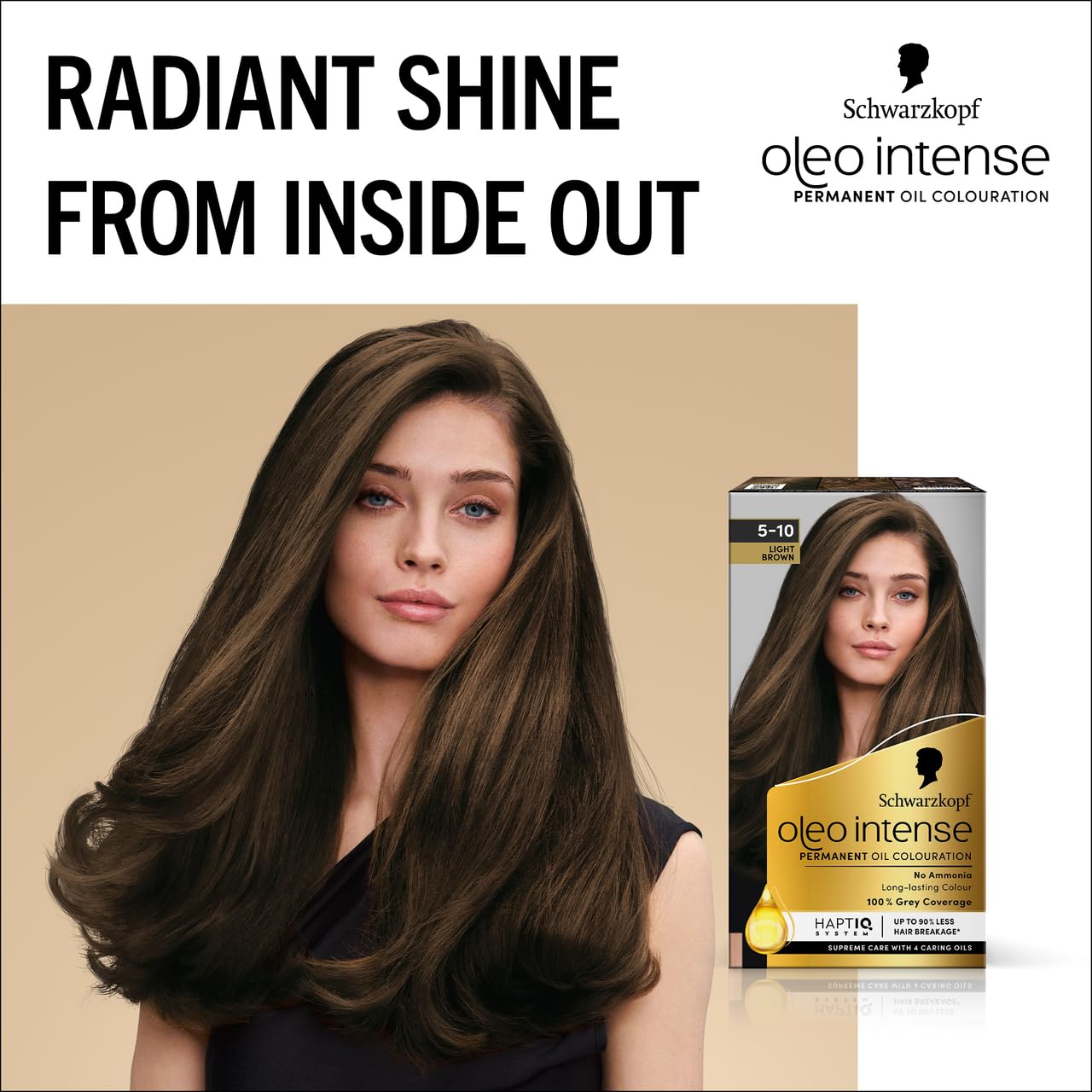 Schwarzkopf Oleo Intense Permanent Oil Colour 5-10 Light Brown Hair Dye, 100% Grey Coverage, Conditioner with HaptIQ System, Long-Lasting Colour, Ammonia Free Hair Dye