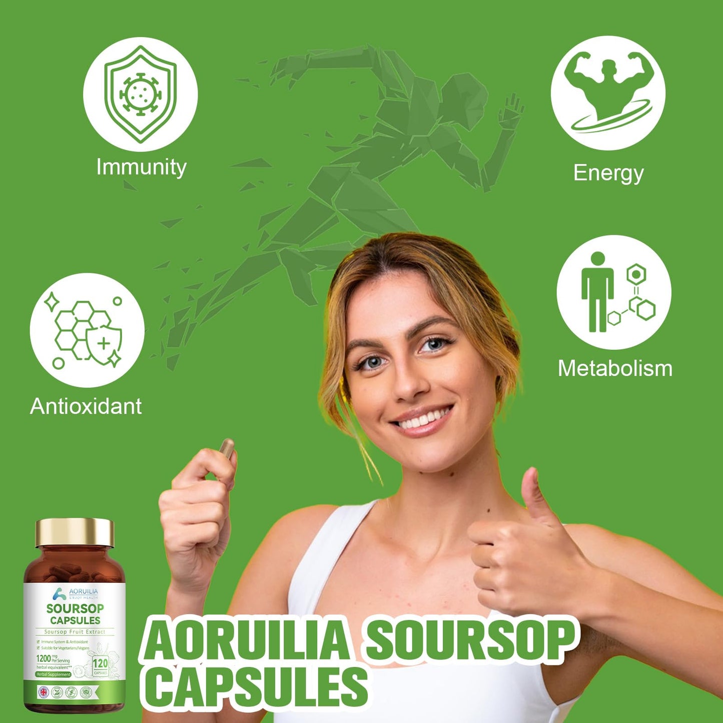 Aoruilia Soursop Capsules with Vitamin C - 1200mg Soursop per Serving - Soursop Fruit Extract Capsules for Immune & Antioxidant, Herbal Supplement for Men & Women, Natural & Vegan - 120 Capsules