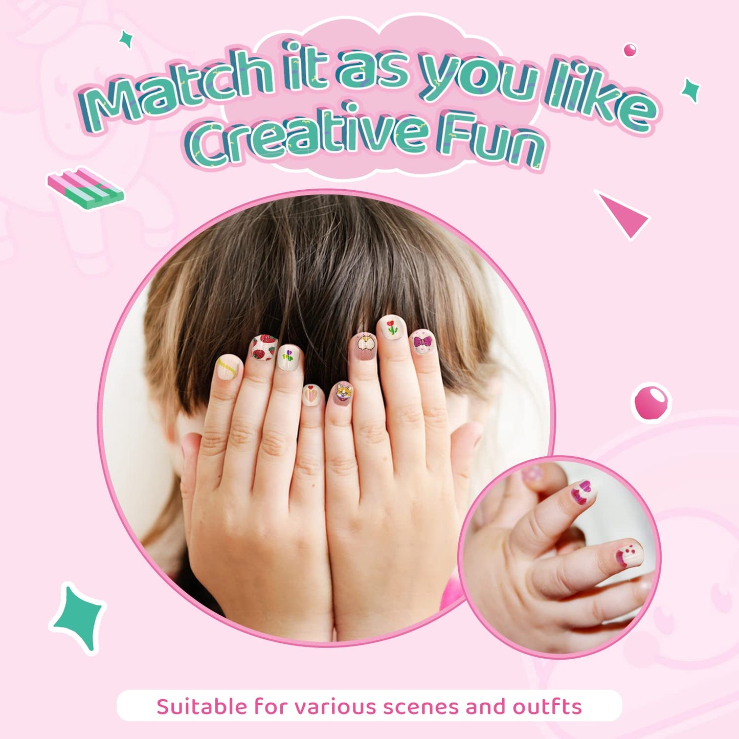 SeseBee 144Pcs Kids Press on Nails Children Girls Short Artificial Fake Nails No fading Stable Quick Stick on Cute Rainbow Unicorn Pre Glue Full Cover Acrylic Nail Tip Kit Gift Kids Nail Decoration (Unicorn)