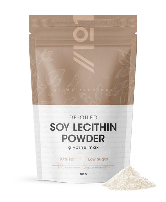 ALPHA01 SOYA Lecithin Powder 100g - De-Oiled 97% Essential Fat - Premium Quality - Vegan, Non-GMO, Gluten Free – Recyclable Bag - by Alpha01