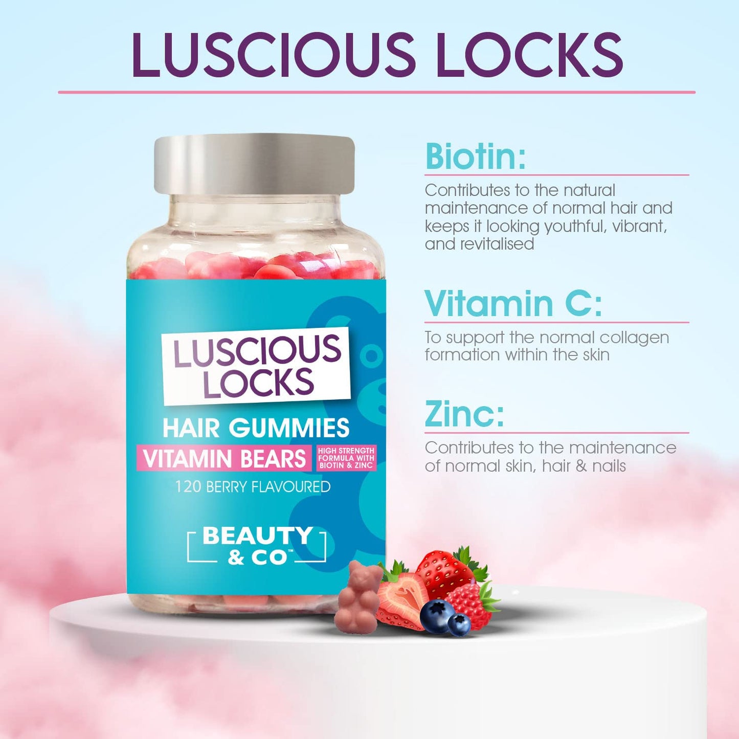 Beauty & Co Hair Gummies with Biotin & Zinc 120 Berry Flavour Beauty&Co. Luscious Locks Gummies - 4 Months Supply (120)