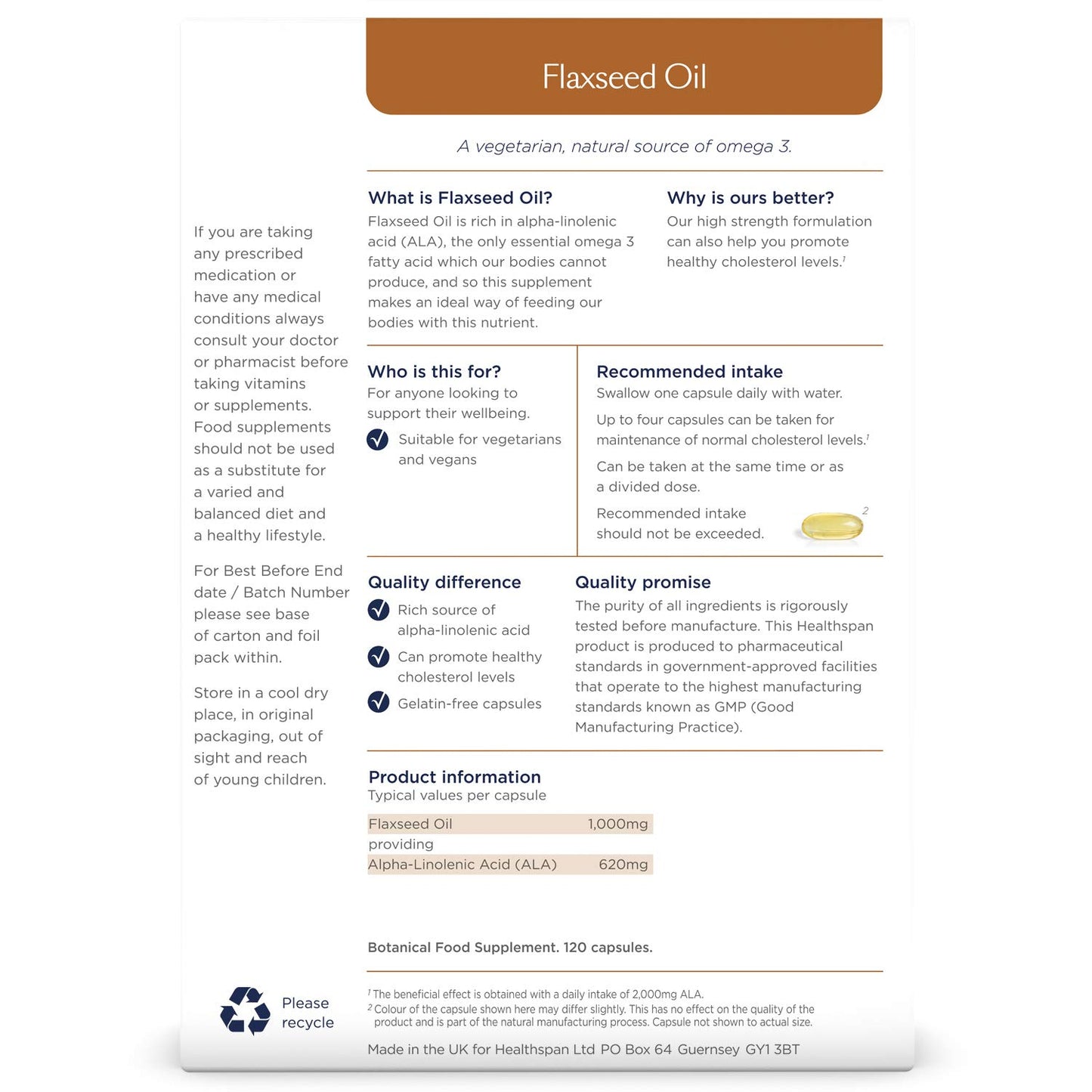 healthspan Healthspan Flaxseed Oil 1,000mg | 120 Capsules | Omega 3 Fatty Acid ALA | Maintain Healthy Blood Cholesterol Levels | Women's Health | Vegan