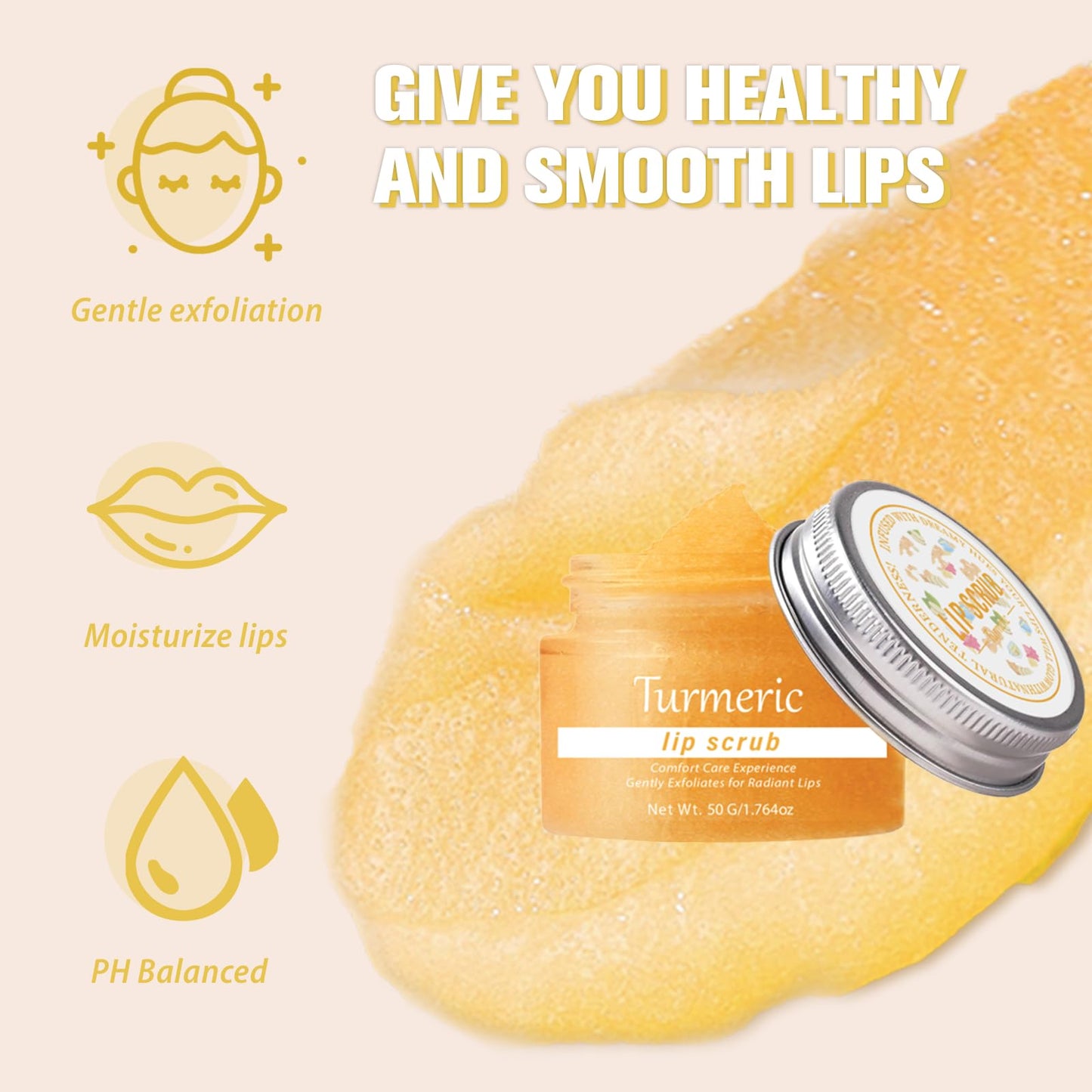 Turmeric Lip Scrub Exfoliator, Vitamin C Lip Scrub, Moisturizing Lip Care to Remove Dead Skin, Lip Lightening For Dark Lips, Lip Exfoliator Scrub, Sugar Scrub for Chapped & Cracked Lips for Lip Repair