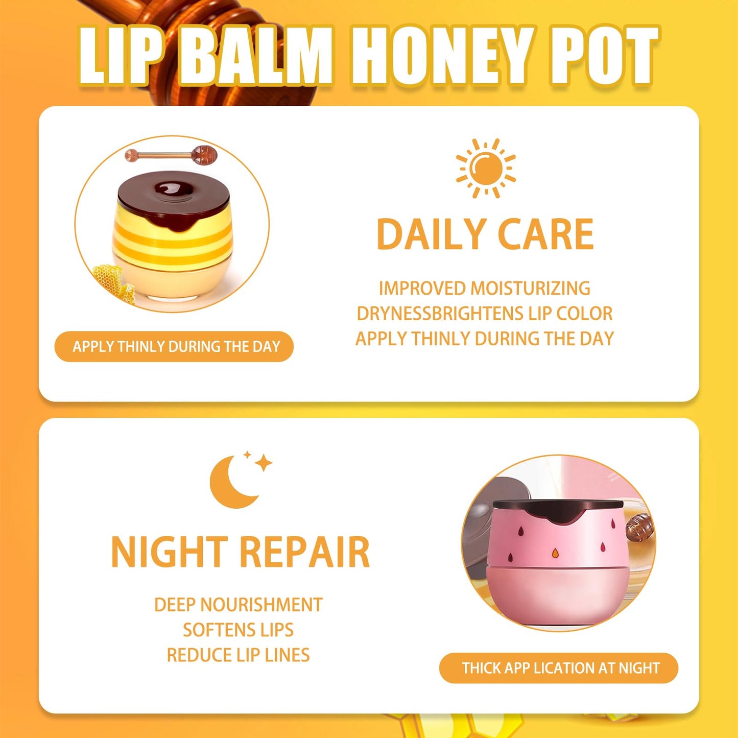 Anmahe 2 PCS Bee Balm, Honey Lip Balm Moisturizing Skincare Lip Mask with Lip Brush, Honey Balm, Lip Sleeping Mask for Lip Care Repair Prevent Dry Crack Lip Line Reducing (Honey+Strawberry)