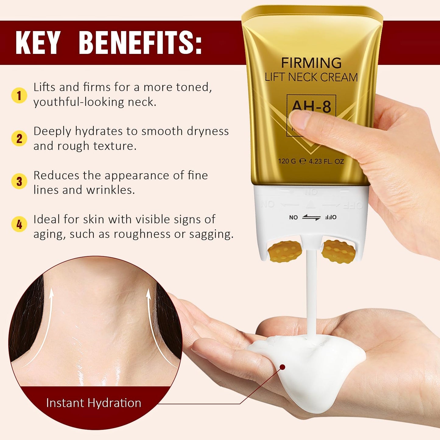IZBEAUVO AH-8 Firming Neck Cream, Neck Firming Cream with Roller, AH8 NeckFirming Cream for Crepey Skin Body Care Comfort, Contain Hexapeptide, Moisturizing, Tightening Lotions Cosmetic Skin Care Repair