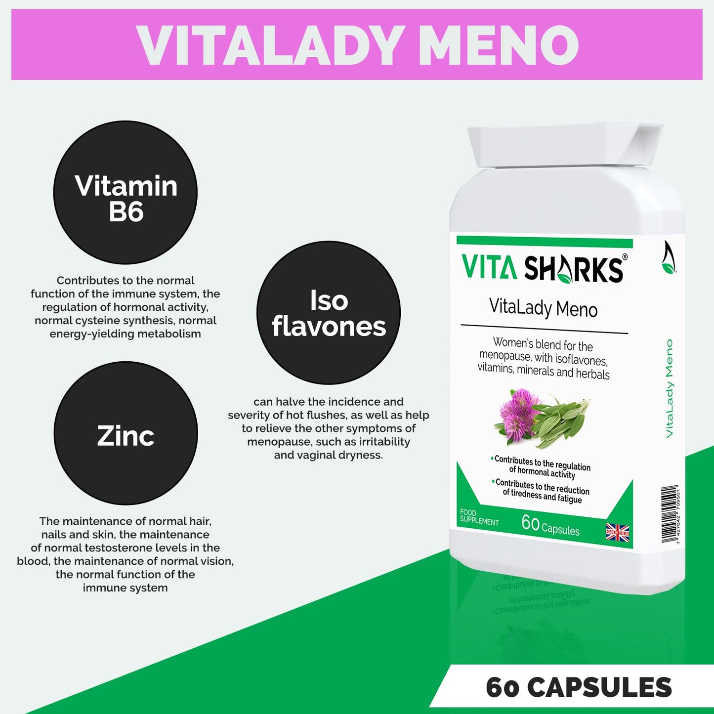 Vita Sharks VitaLady Meno for Natural Relief & Support of Menopause Symptoms & Hot Flashes, with 13 Potent Kosher Vegan Herbal Ingredients Including B6, Zinc & Isoflavones